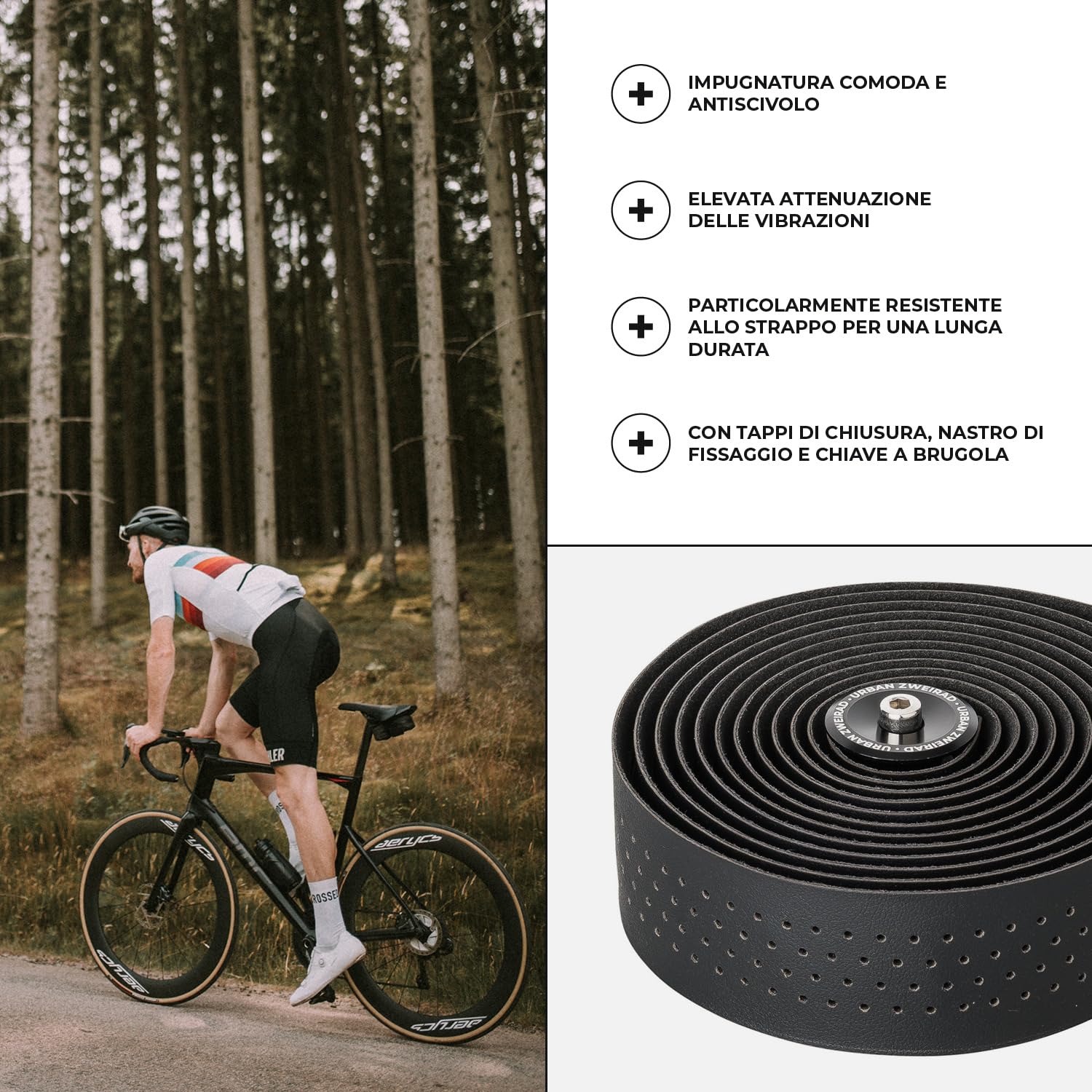 URBAN ZWEIRAD Premium Extra Dry - Nastro manubrio bici corsa nero - Nastro bici da corsa manubrio autoadesivo incl. terminali alluminio - nastro per manubrio bici da corsa e gravel (nero)