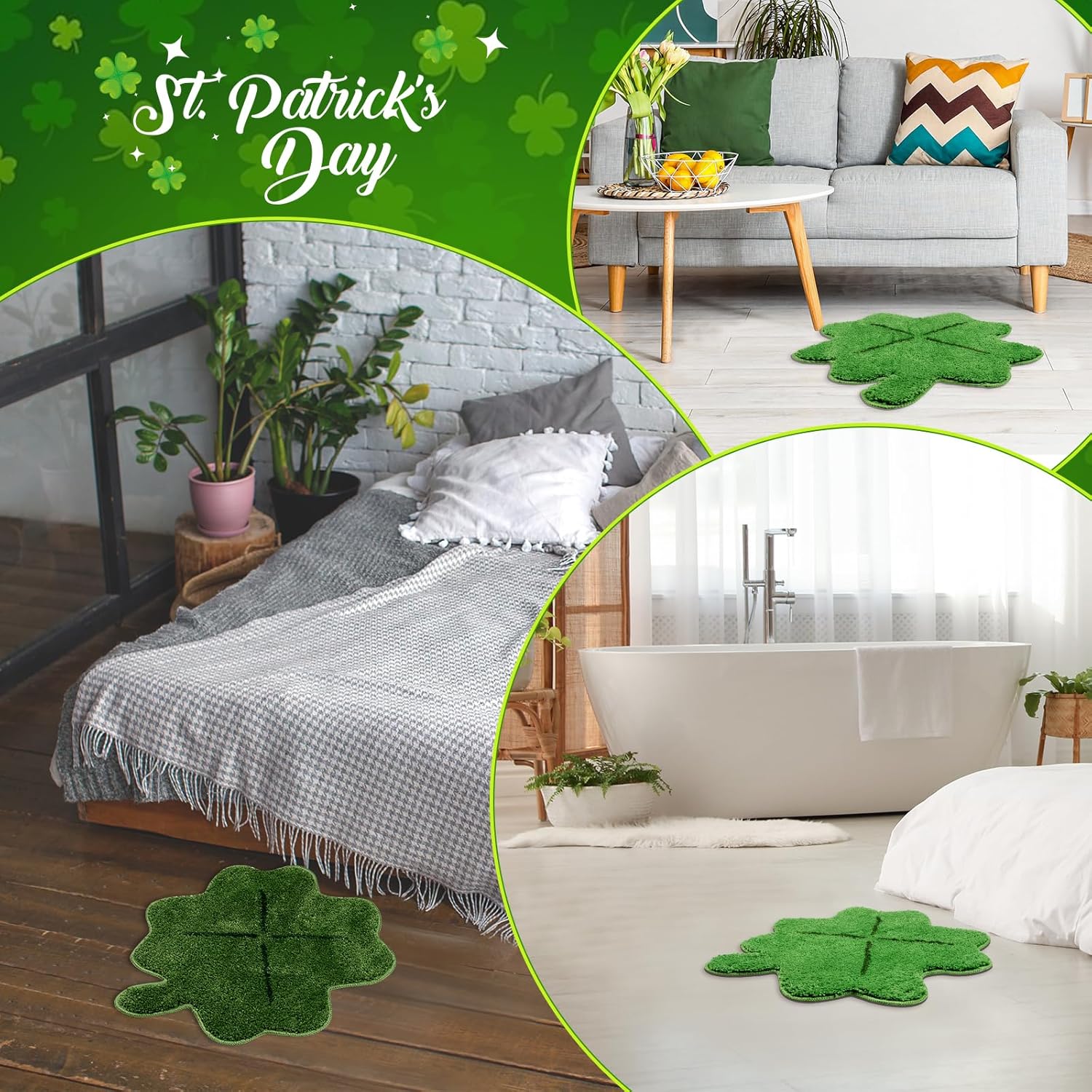Shemilly 2pcs 22x23.6 Inch St. Patrick's Day Shamrock Bathroom Rugs Set,Lucky Clover Soft Absorbent Bath Rug Non Slip Washable Bathroom Mat for St. Patrick's Day Home Decor Indoor Bath Mat