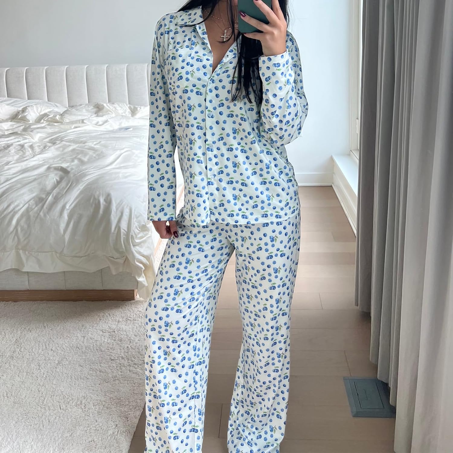Giraropa Women Fruit Pajamas 2 Piece Pajama Sets Long Sleeve Button Down Shirt Elastic Waist Pants Set Loungewear - Image 2