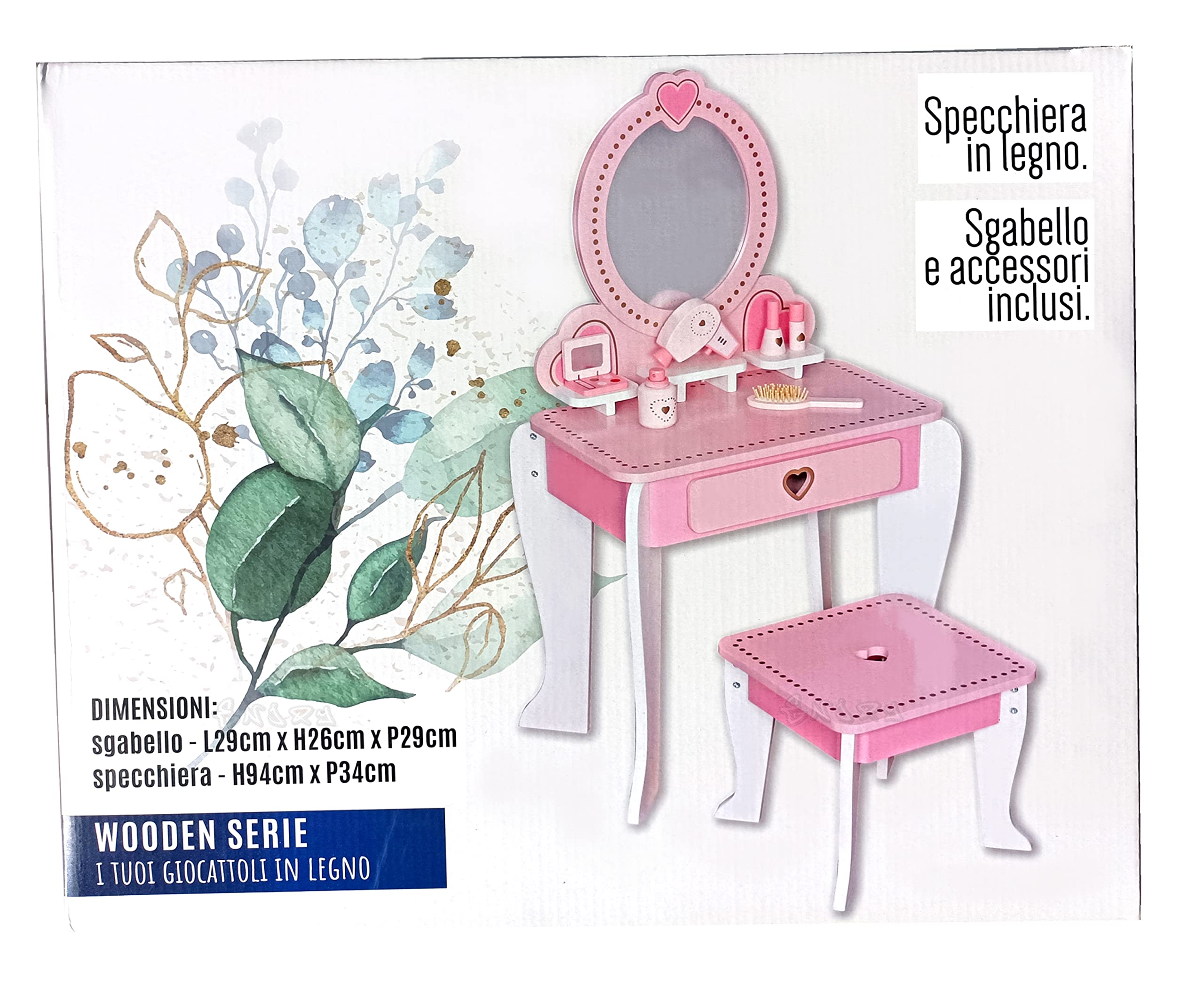 ODG Specchiera giocattolo in legno per bambina con accessori, set specchio spazzole phon trucchi