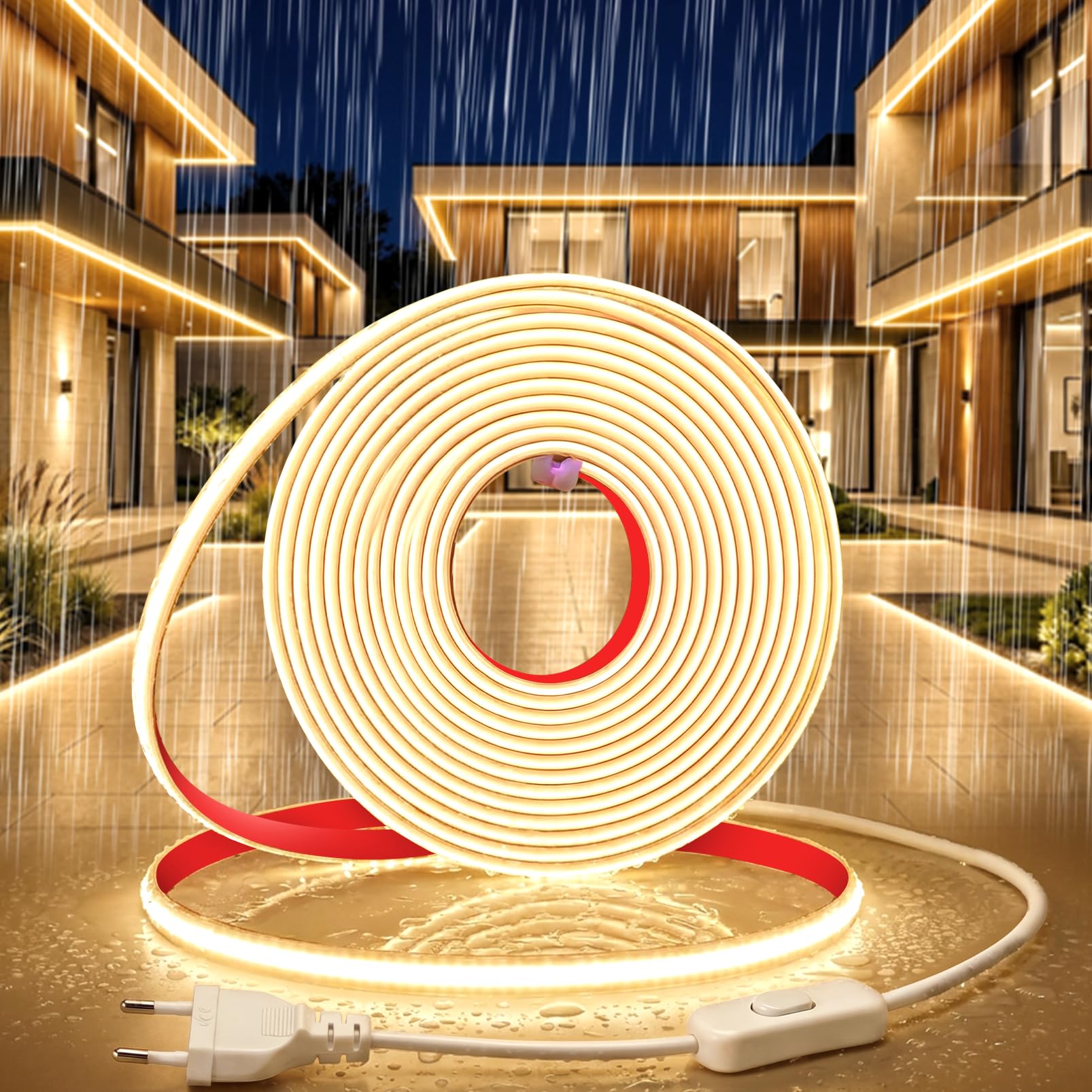 YOODI Striscia LED COB Adesiva 220V 5M Bianco Naturale 4000K Impermeabile | IP65 Nastri LED 320LEDs/M Flessibile Tagliabile Tira LED con Interruttore e Spina CRI90+ Per Giardino, Camera da Letto