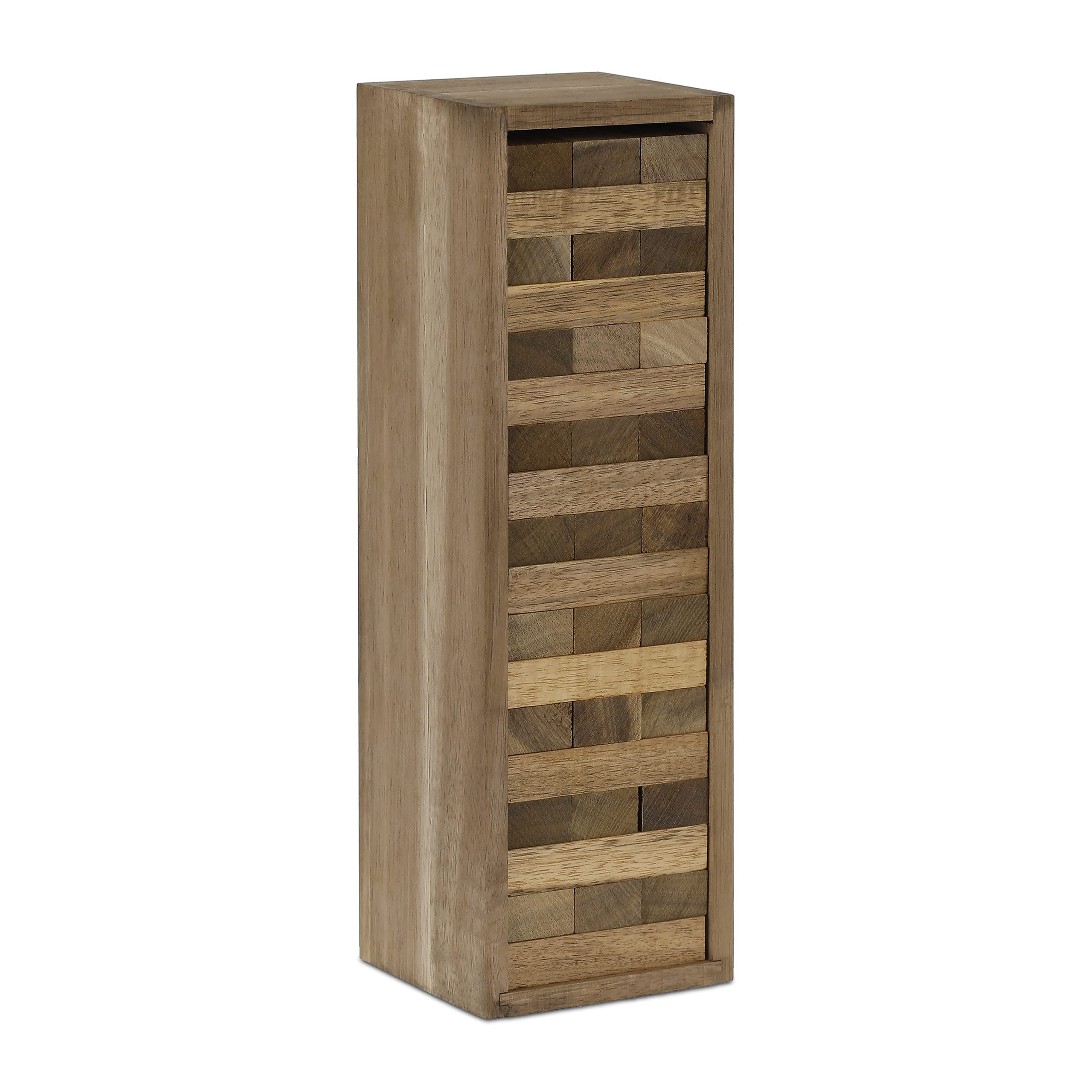 Relaxdays Wieża ruchoma 54-częściowa, z drewnianą skrzynką, do zabawy dla dzieci i dorosłych, drewniana wieża, wys. x gł.: 29 x 9,5 x 8,5 cm, kolor naturalny