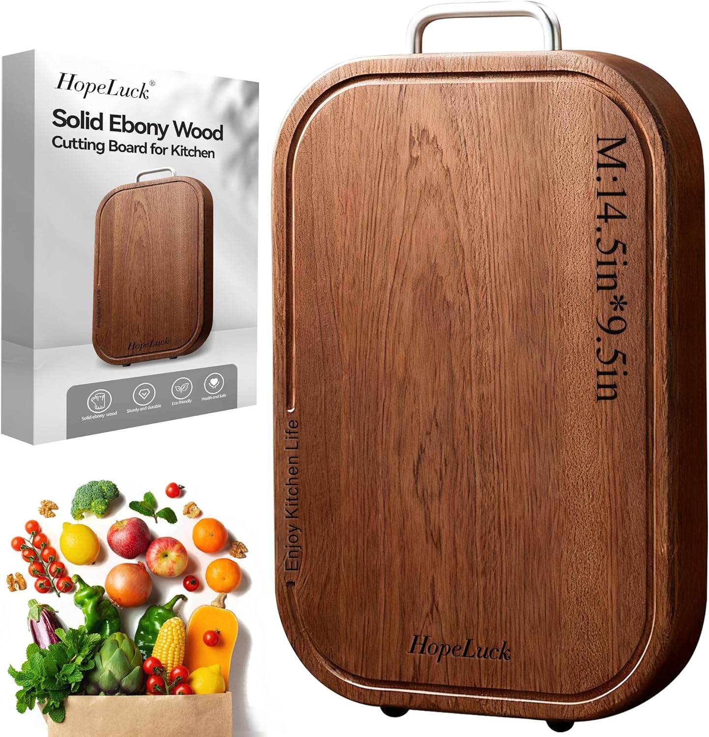 Wood Cutting Board, Solid Ebony Wooden Cutting Boards for Kitchen, Double-Sided Butcher Block with Juice Groove, Non-Slip Feet, 1" Thick Chopping Board for Meat and Vegetables (1, 14.5"×9.5")