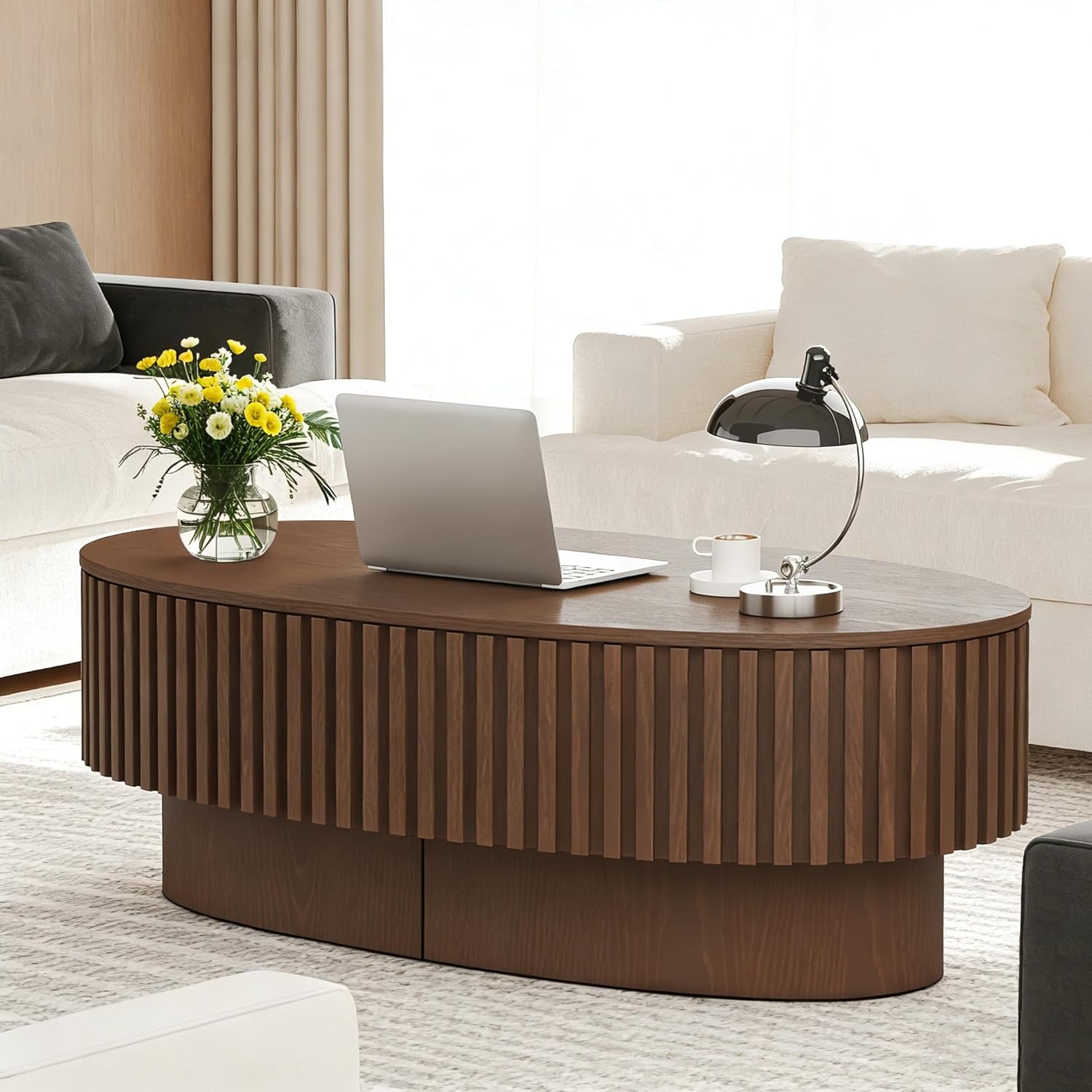 Oval Lift Top Coffee Table with Storage, Mid Century Modern Center Table with Hidden Compartment for Living Room, Lift Tabletop Fluted Wood Dining Table for Home Office - Walnut