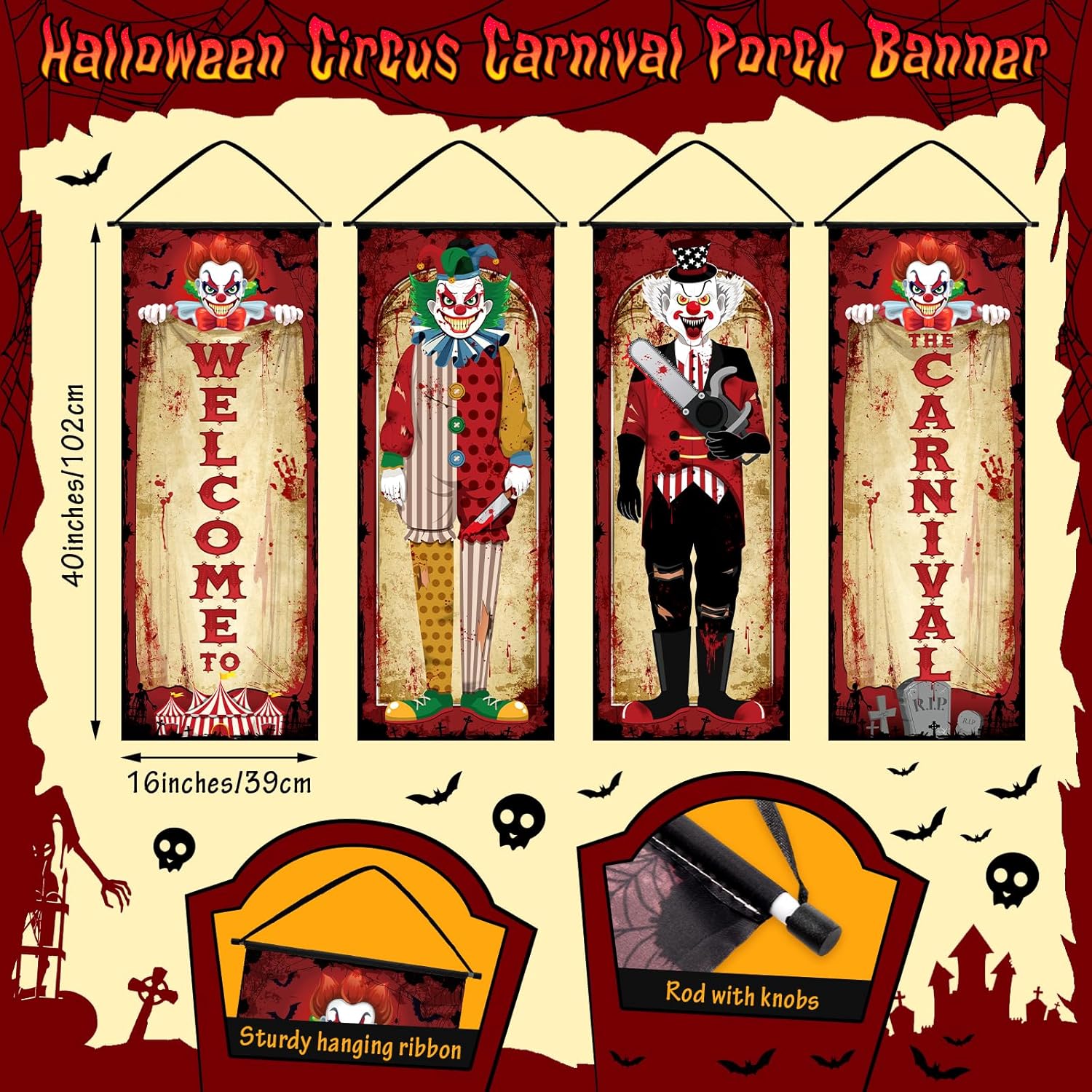 Panelee 4 Pcs Vintage Halloween Carnival Decorations Evil Circus Carnival Porch Banner Creepy Clown Porch Sign Backdrop Halloween Garage Door Decoration for Indoor Outdoor Wall Hanging Decor - Image 2