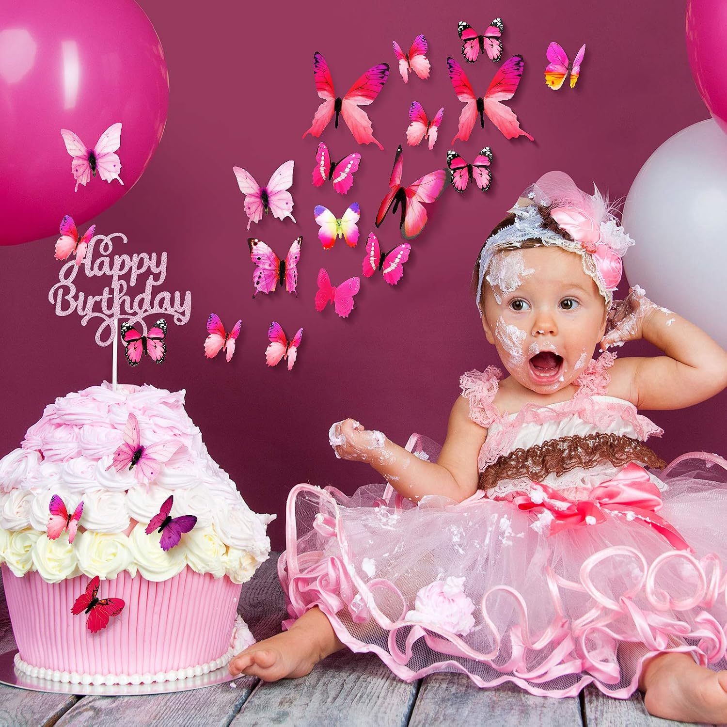 138 Pieces Glitter Cake Toppers Set Include 30 Pieces Happy Birthday Cake Toppers and 108 Pieces Butterfly Cupcake Toppers Mixed Color Dessert Toppers Birthday Wedding Party Anniversary Celebration