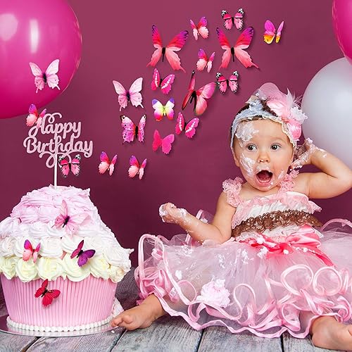 Miniatura 7 de 75 piezas de decoraciones de mariposa con purpurina 3D para tartas de cumpleaños, incluye decoración de pastel de cumpleaños, decoración de mariposa
