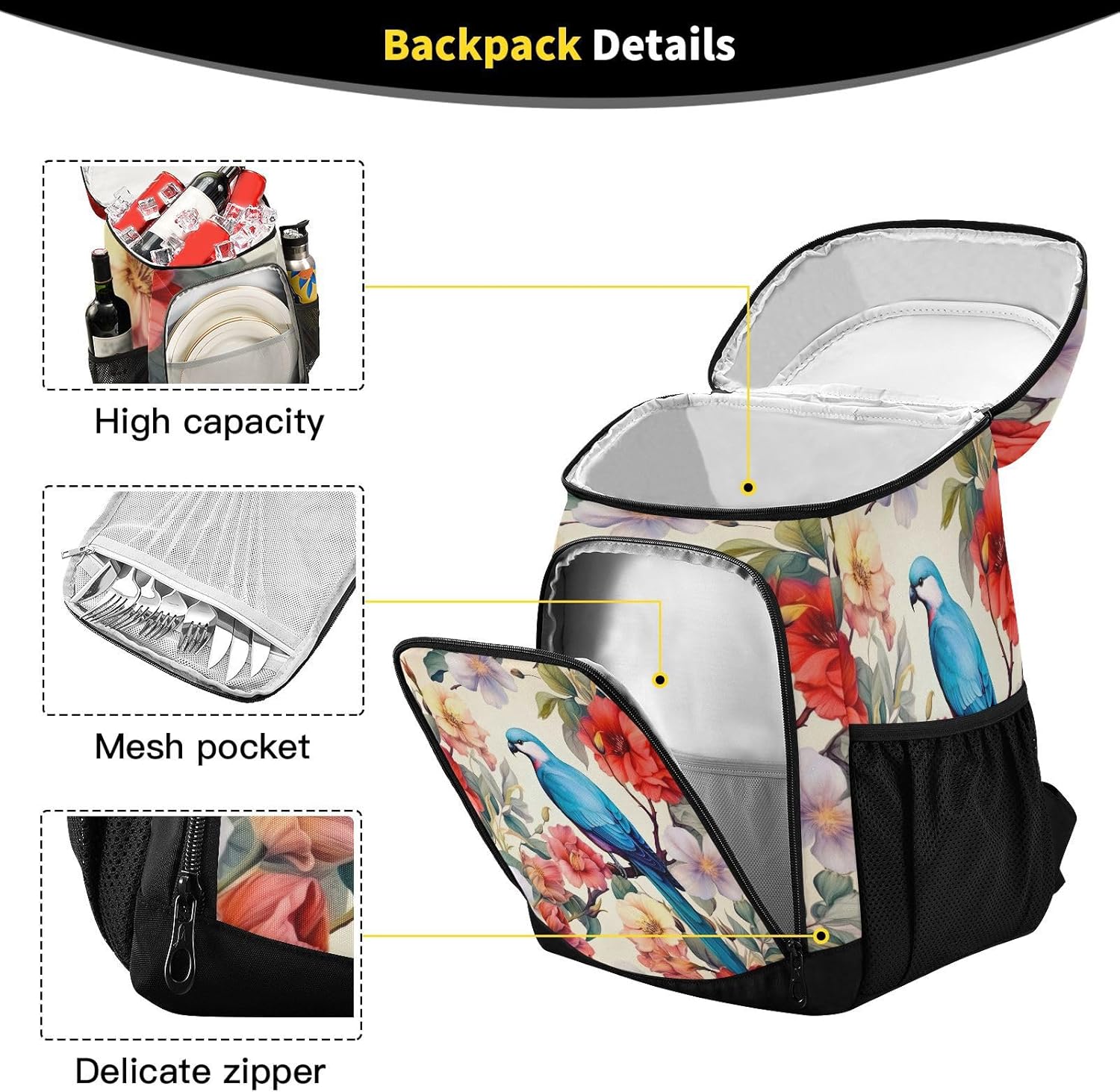 Beautiful Flowers and Bird Cooler Backpack 36 Cans Leakproof Waterproof Backpack Cooler Bag Beach Accessories for Women and Men Travel Camping Fishing Backpack