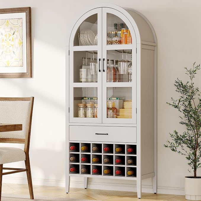 71" Tall Wine Bar Cabinet, Arched Storage Cabinets with Door, Whiskey Station with Wine Rack and Glass Holder, Liquor Bar Cabinet for Home Kitchen Living Dining Room (Off White)