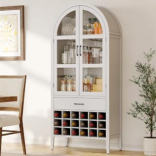 ONBRILL 71" Tall Wine Bar Cabinet, Arched Storage Cabinets with Door, Whiskey Station with Wine Rack and Glass Holder, Liquor Bar Cabinet for Home Kitchen Living Dining Room (Off White)