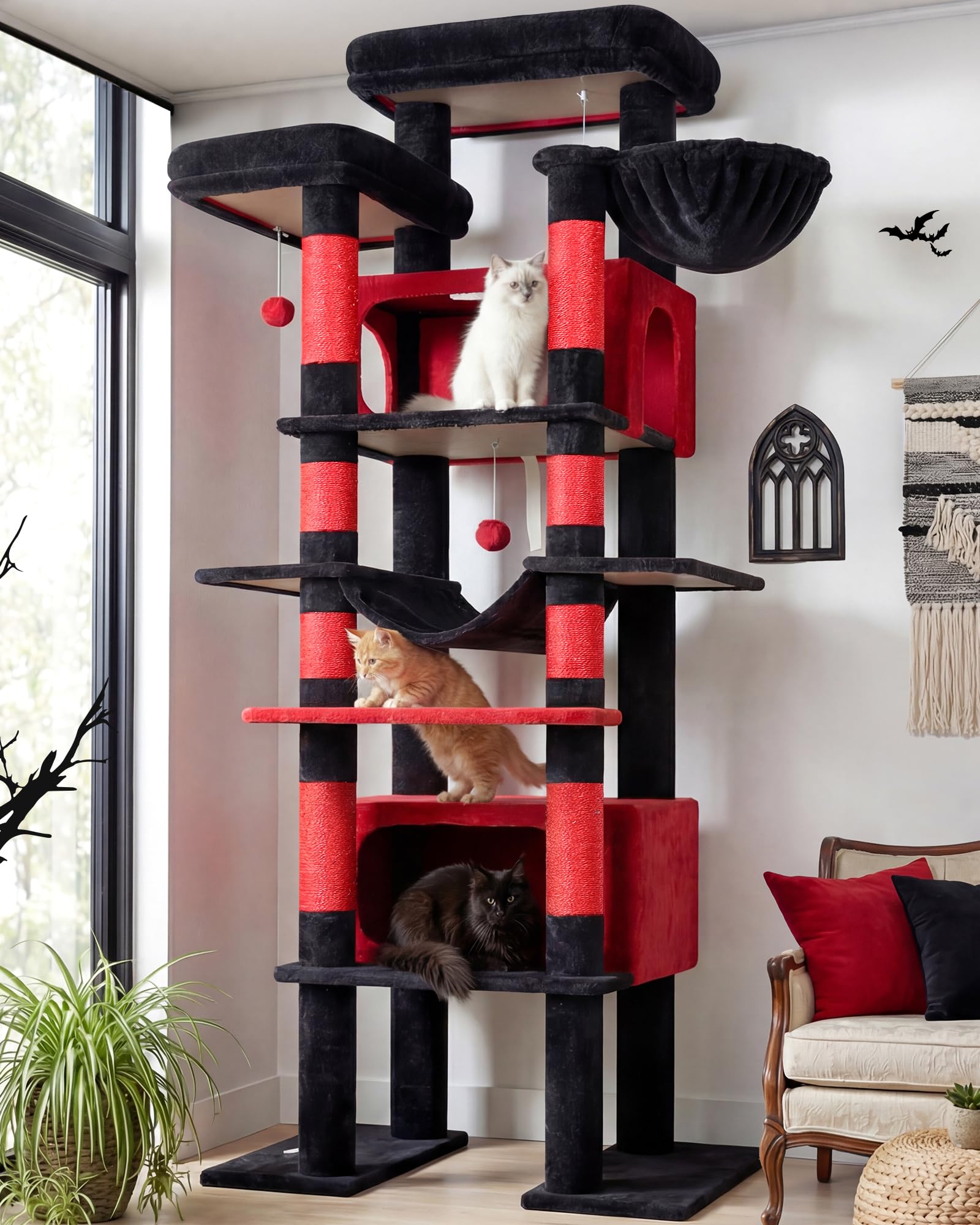 Arbre à chat gothique géant XXL de 213 cm de hauteur avec 2 grandes niches confortables Globlazer