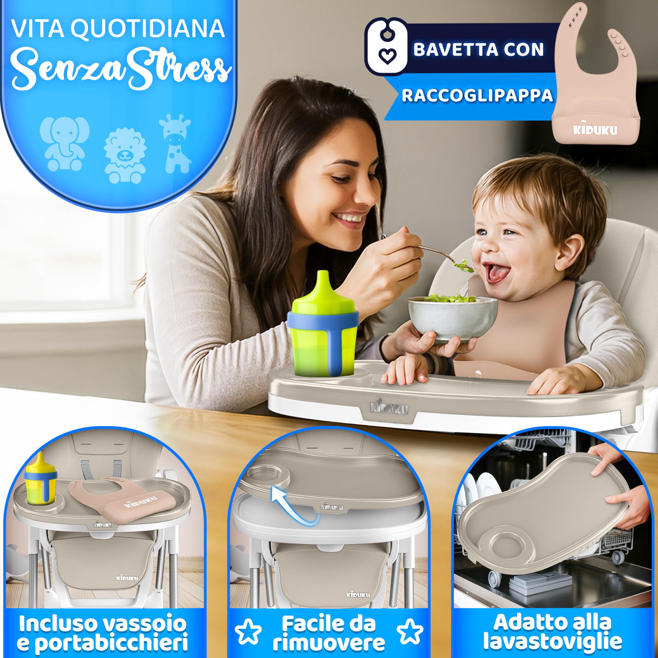 KIDUKU® Seggiolone Pappa Neonato 3 in 1 con Riduttore & Bavaglino | Seggiolone Pieghevole per Bebè e Bambini con Arco Giochi | Sedia Evolutiva Regolabile 7 Livelli | Crescita 0-36 Mesi (Beige)