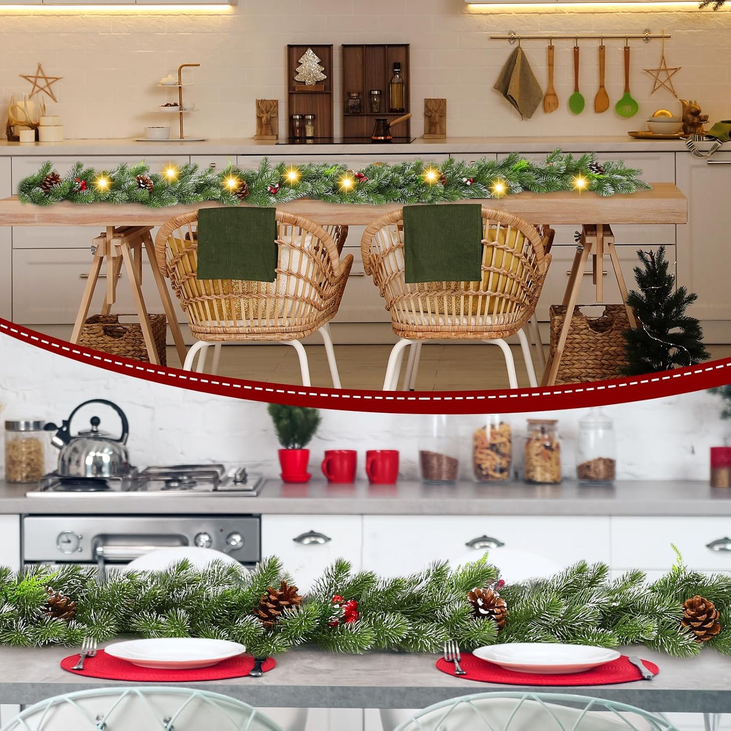 Chuangdi 6ft Pre-lit Christmas Garland with Lights Artificial Xmas Snowy Cedar Garland Decorated with Pine Cones Berries Battery Powered for Mantle Stairs Fireplace Christmas Indoor Outdoor Decor