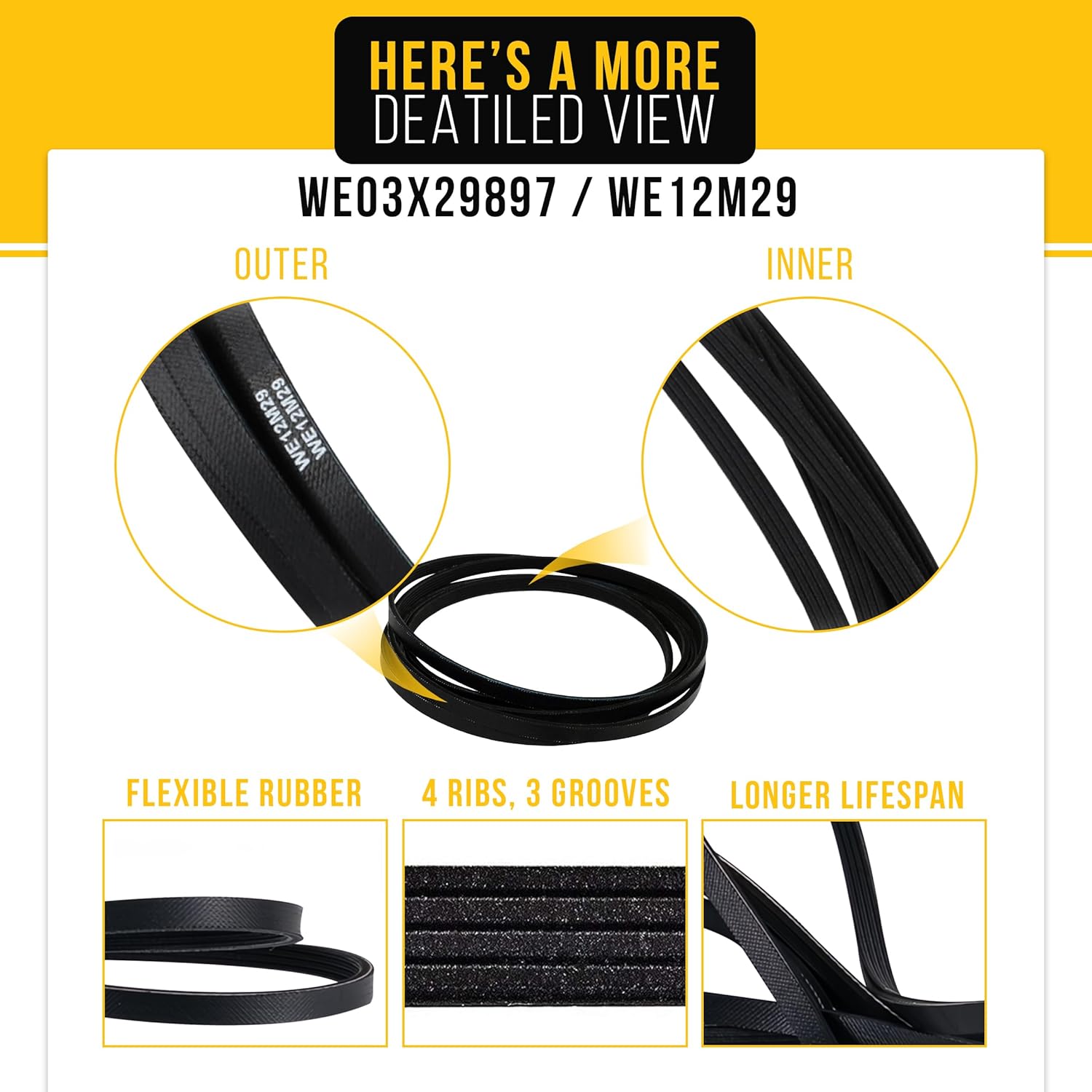 PartsBroz WE12M29 WE03X29897 Dryer Belt Drive fits for GE Dryer Belt Replacement, Whirlpool, Hotpoint, Kenmore Parts WE12M22 PS16542496 WE12M33 for GTD33EASK0WW GTD42EASJ2WW GTD42GASJ2WW GTD45EASJ2WS
