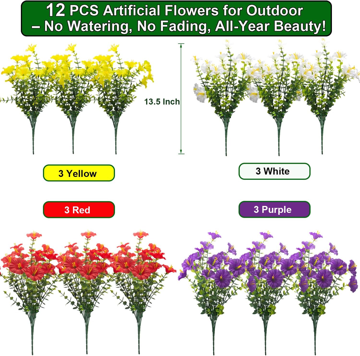 Grunyia Artificial Morning Glory Flowers, 12 Bundles UV Resistant Fake Outdoor Flowers, Faux Plastic Plants for Porch, Window Box, Patio, Garden and Yard Decoration(Mix1)