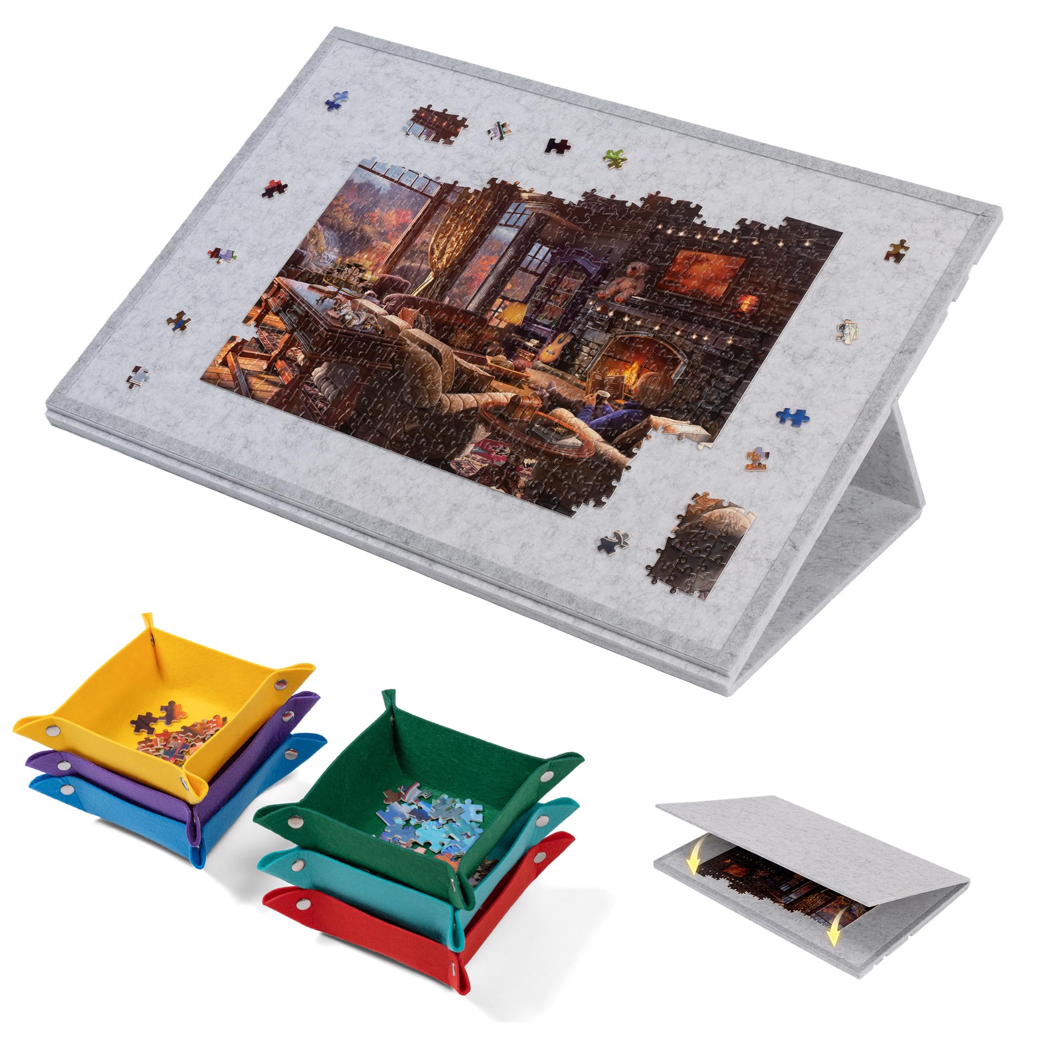 Lavievert 1000 Piece Tilting Puzzle Board with 2-in-1 Stand & Cover, Adjustable Felt Mat Plateau with 6 Colored Sorting Trays, Lightweight Portable Jigsaw Puzzle Table with Non-Slip Surface for Adults