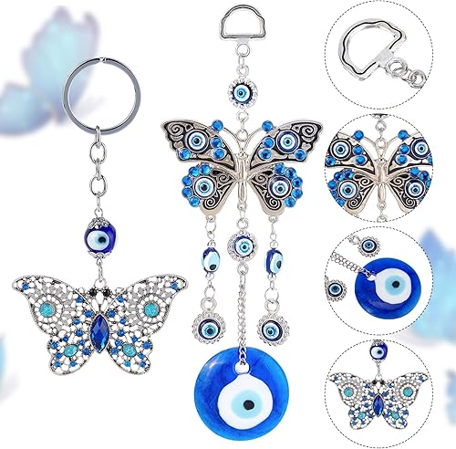 Miniatura 4 de GORGECRAFT 2 estilos de 2 piezas de adorno colgante de ojo turco para colgar en el auto, dije de mariposa azul para el mal de ojo, accesorios