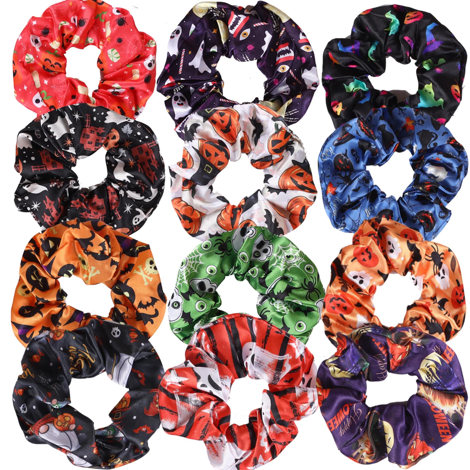 12PCS Halloween Hair Scrunchies Soft Fall Pumpkin Skull Ghosts Bat Spider Web Hair Ties Scrunchy Elastics Hair Bands Gifts Ponytail Holder Accessories for Women Girls (12PCSHalloween)