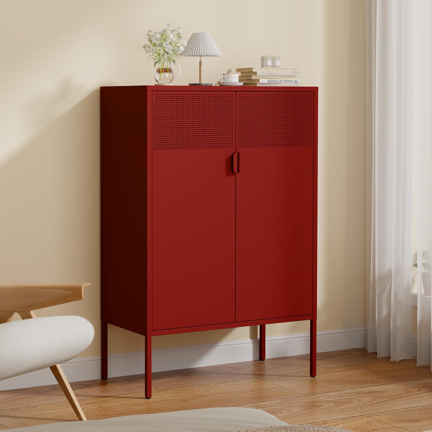3-Tier Metal Storage Cabinet with 2 Adjustable Shelves, 2 Mesh Door Metal Locker Accent Cabinet with Legs, Red Storage Cabinets, Metal Tv Stand Cabinet for Home, Office, Entryway & Hallway