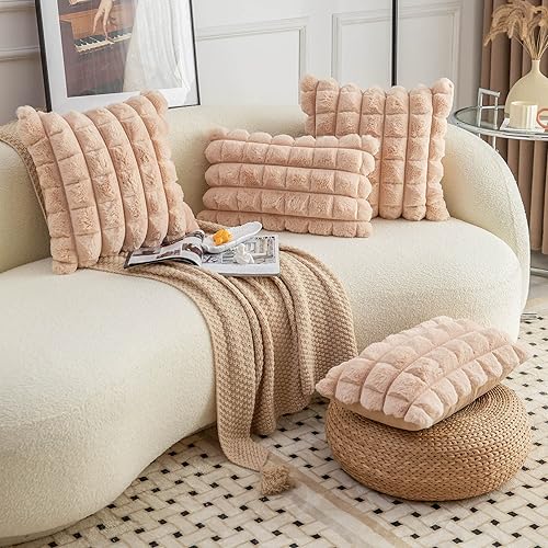 Miniatura 4 de Neelvin Juego de 2 fundas de almohada decorativas de piel sintética color camello de 22 x 22 pulgadas, fundas de cojín de terciopelo para sofá