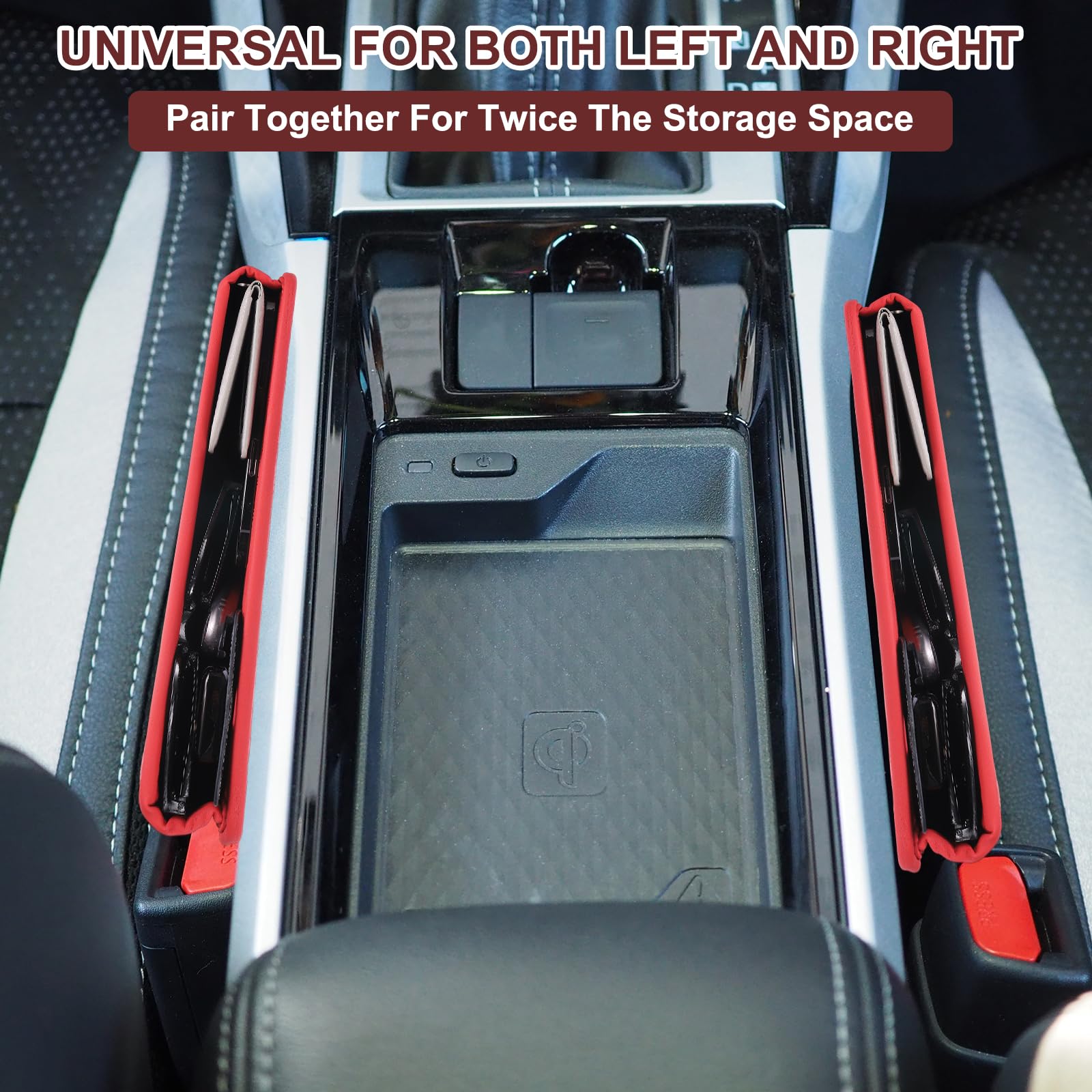 QUARKZMAN 2 Stück Autositz Lückenfüller Organizer 29.2 x 20.4 x 5.4 cm Leder Universeller Auto Organizer Aufbewahrungsbox Zwischen Sitz Und Konsole Für Handy Sonnenbrille Schlüssel Rot