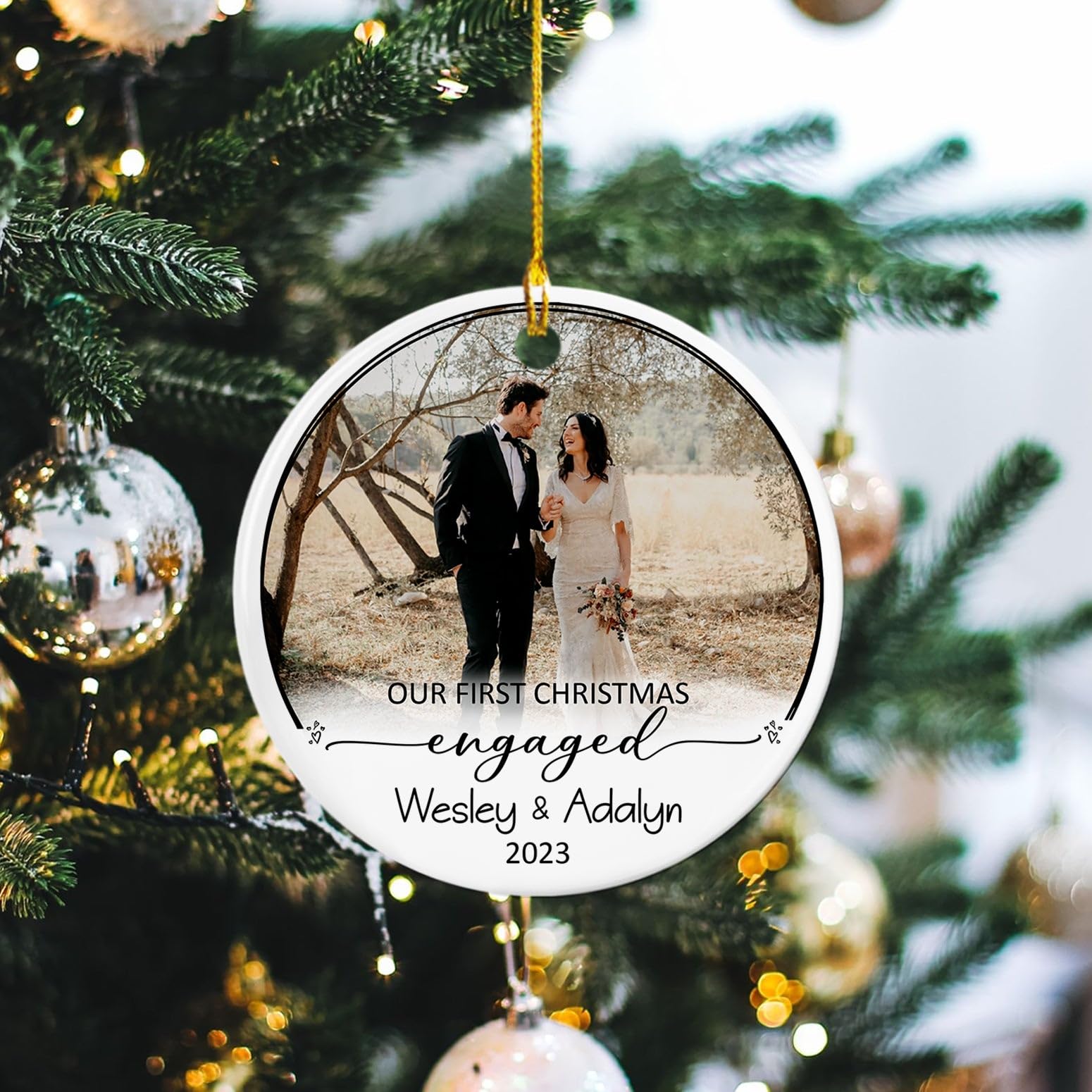 Memorial Gifts For Loss Of Dad Personalized Our First Christmas Engaged Ceramic Ornament, Add Picture Our First Christmas Engaged 2023