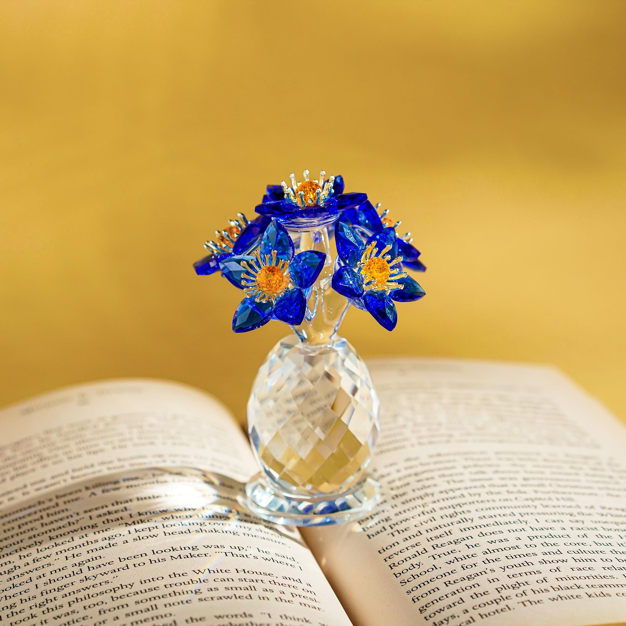 Blue Crystal Flower Figurine Collectibles Crystal Flower Christmas Ornament for Home Decor Table Centerpiece Glass Bouquet Flowers Keepsake for Women