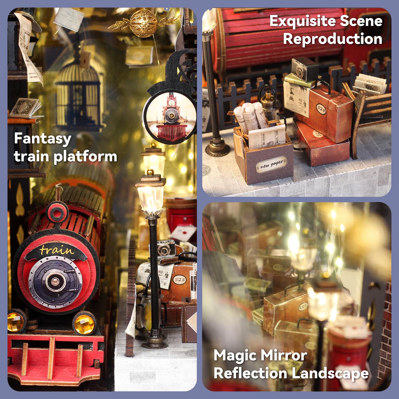Cuteefun Book Nook Kit - Casa de Muñecas en Miniatura con Luces LED & Cubierta Antipolvo, Adornos Creativos para Estanterías, para Cumpleaños, Navidad, Halloween (Tren Mágico)