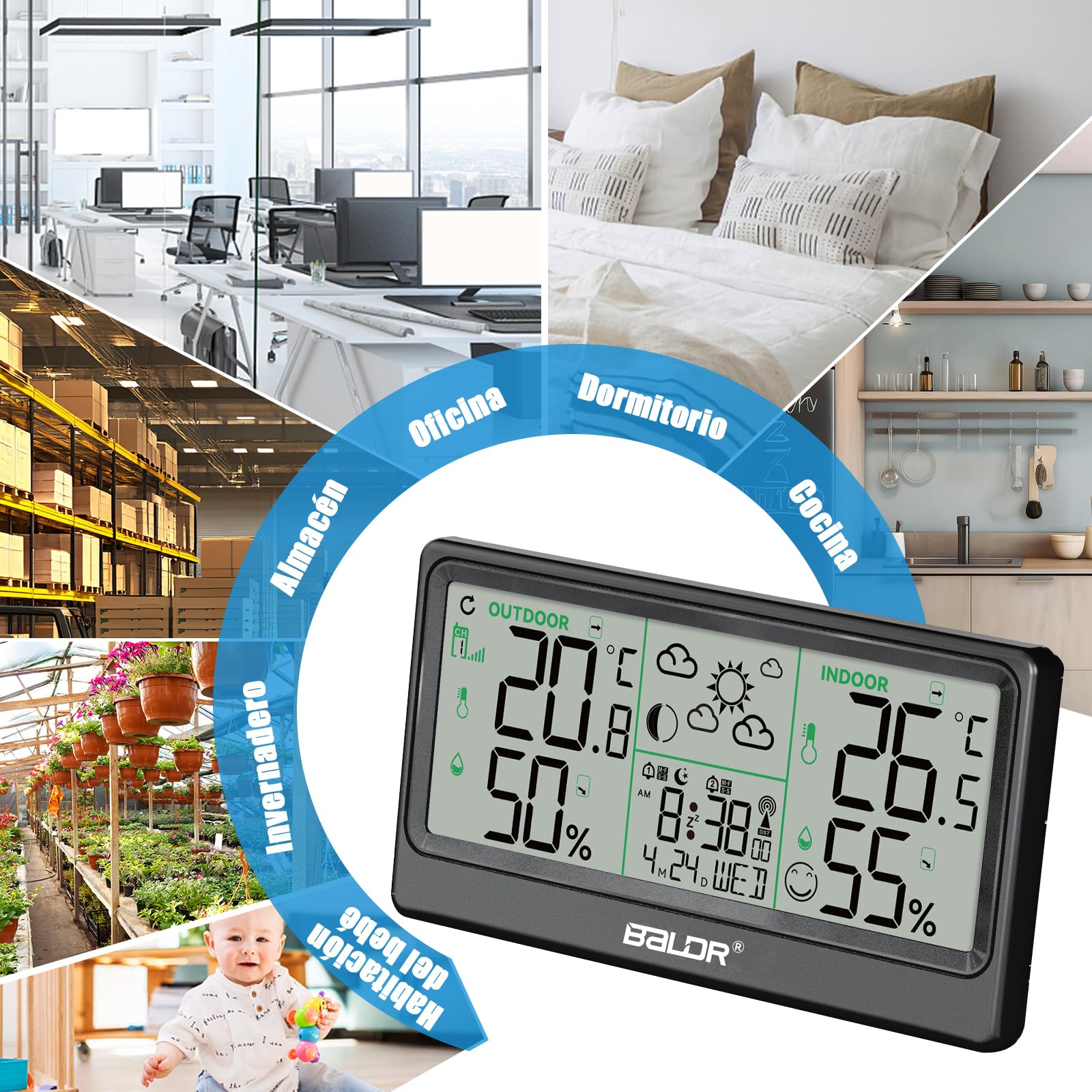 Estacion Meteorologica Inalámbrica, 8.5" Termómetro Higrómetro Barómetro Interior Exterior Reloj Atómico Pronóstico del Tiempo Reloj Digital Alarma Función de Repetición Pantalla de Hora Fecha Día