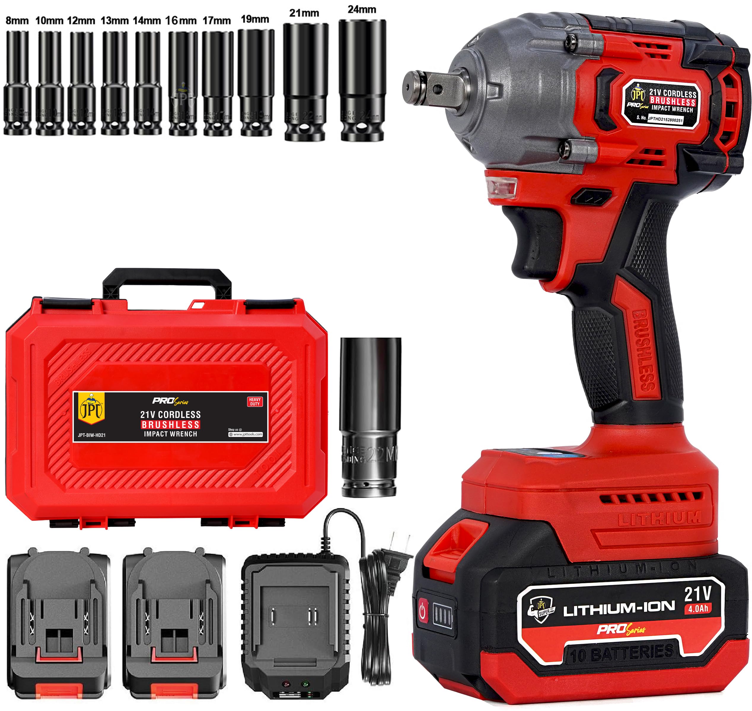 JPT Combo New PRO Series 21V Cordless Impact Wrench | 570NM Torque | 4400RPM | 1/2" Square Driver | 2x Batteries | Fast Charger | LED Light | Carrying Case | 10 Pcs Impact Socket (8MM To 24MM) (B0CFFXLR4C) Amazon Price History, Amazon Price Tracker