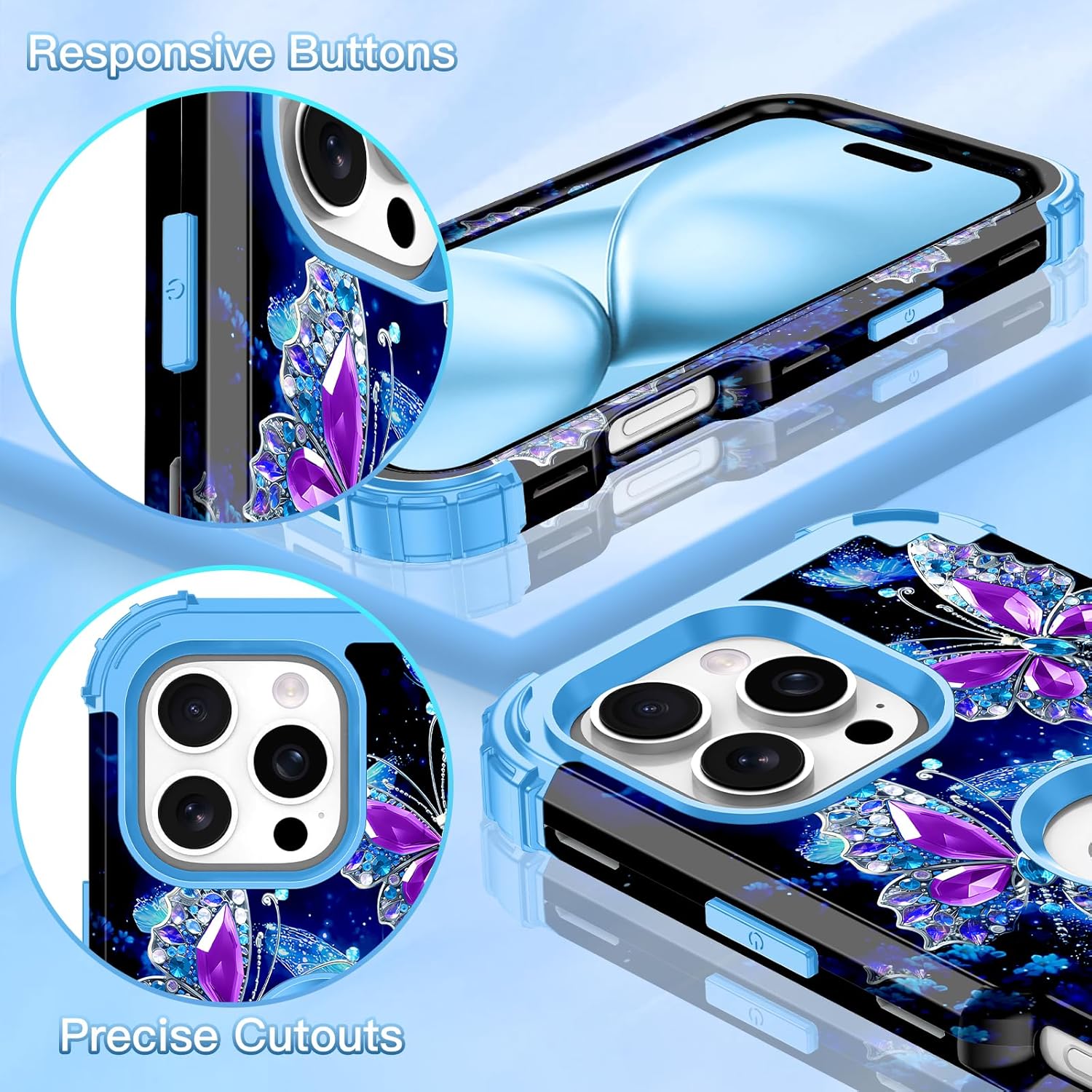 LONTECT for iPhone 16 Pro Case 3 in 1 Shockproof Heavy Duty Rugged Hard PC+Soft Silicone Full Body Protective Cover Girls Women Case for Apple iPhone 16 Pro 6.3 inch 2024,Blue - Image 4