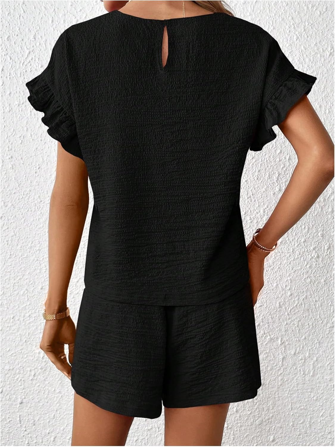 WDIRARA Women's 2 Piece Set Ruffle Short Sleeve Blouse and Drawstring Shorts Sets Casual Summer Outfits - Image 2