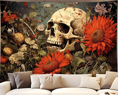 QGHOT Tapiz para colgar en la pared, diseño de calavera de flores, tapiz de esqueleto de plantas góticas para dormitorio, estético, tapiz de pared