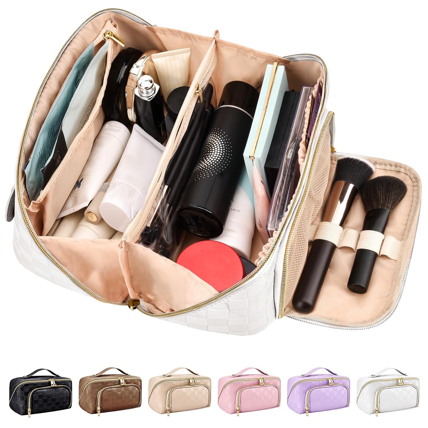 stona Travel Makeup Bag for Women, Large Capacity PU Leather Waterproof Checkered Cosmetic Bags, Portable Pouch Open Flat Toiletry Bag, Make up Organizer with Divider and Handle, White