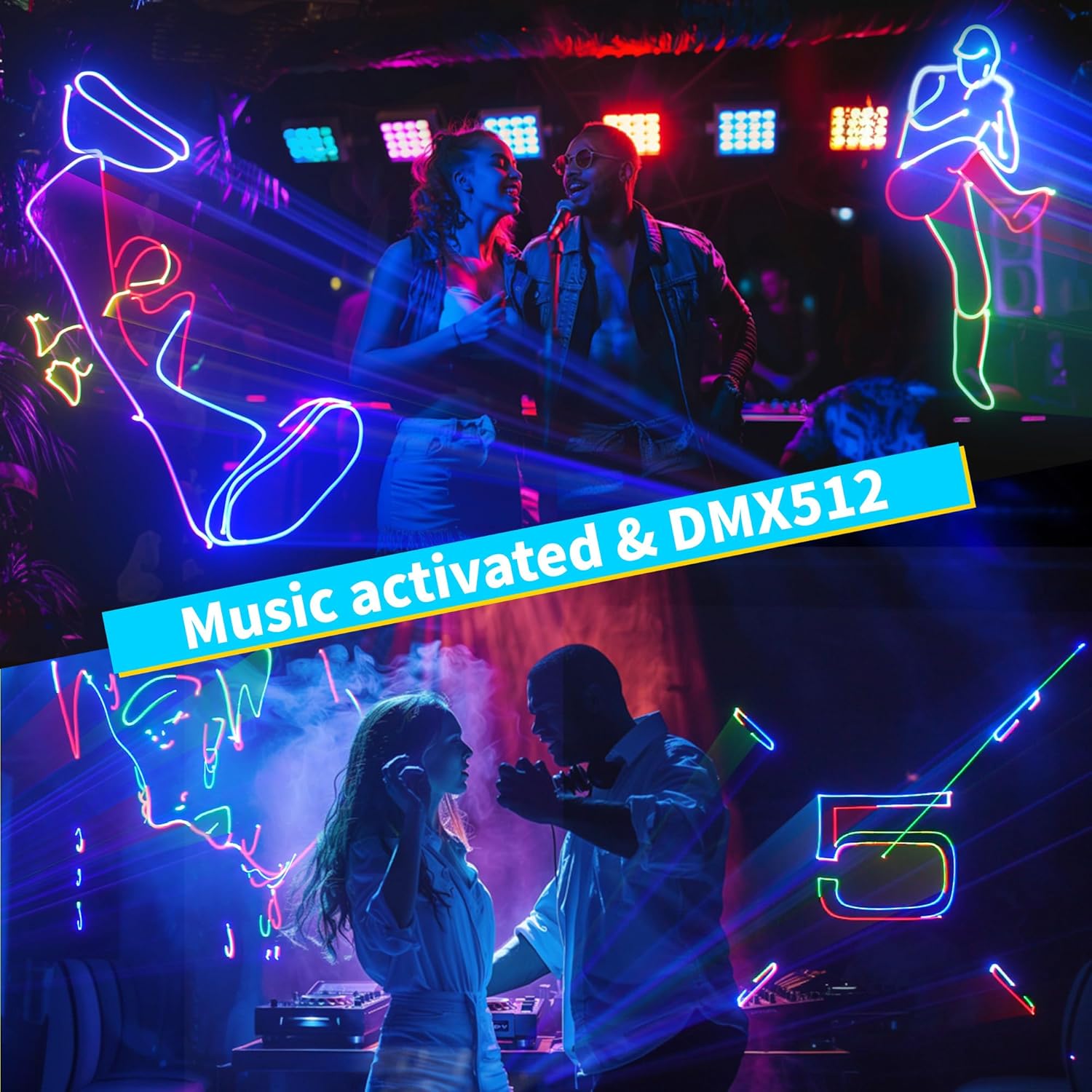 DJ Laser Light for Party, 3D Animation Loop, Full RGB Color, Sound Activated, Beam Effect, DMX512, Ideal for DJ Disco Stage Karaoke Halloween Christmas