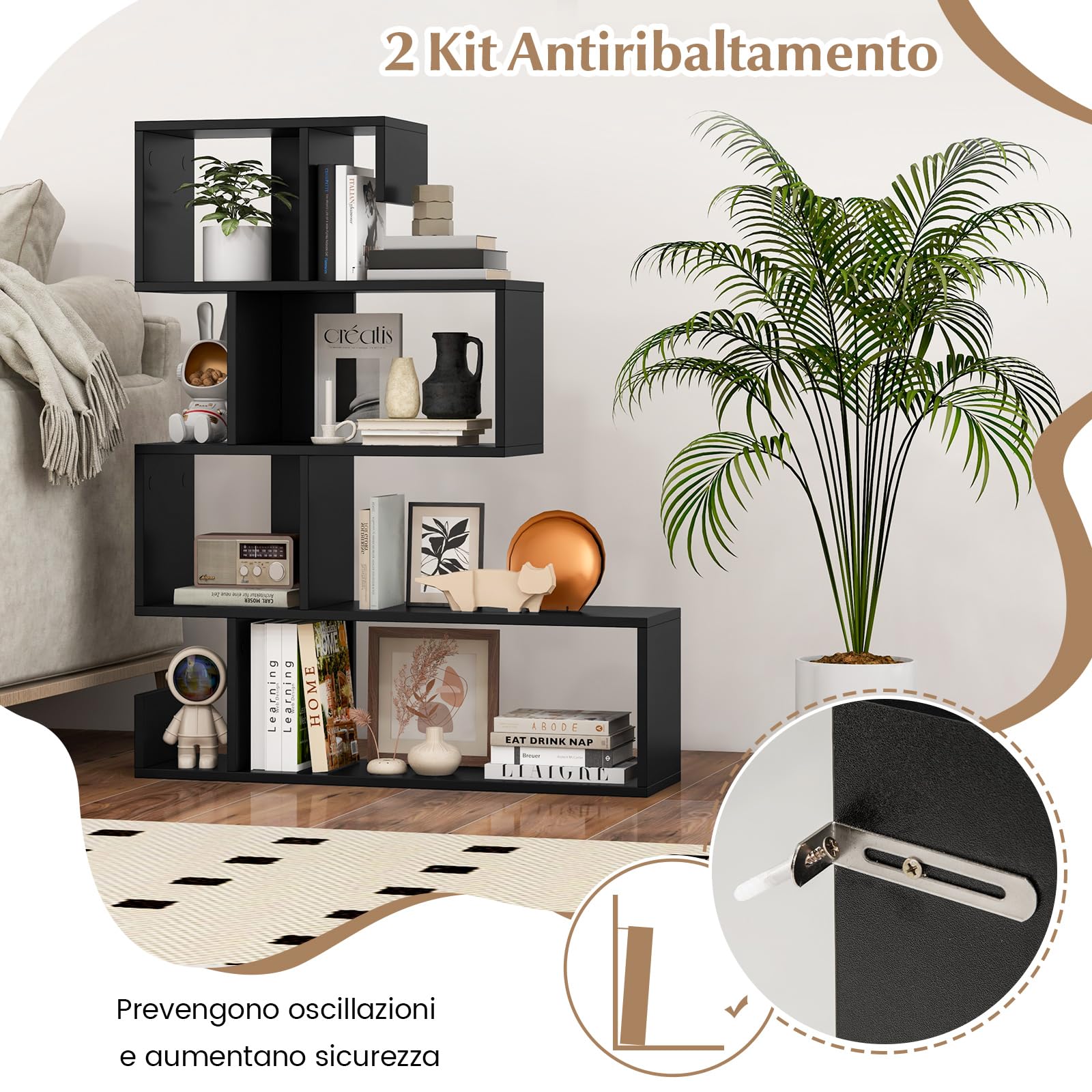 COSTWAY Libreria a Forma di S a 4 Ripiani, Scaffale Aperto Portaoggetti in Legno, Scaffale Verticale Separatore Multifunzionale, per Camera da Letto, Studio, Soggiorno, 80 x 22 x 100 cm (Nero)