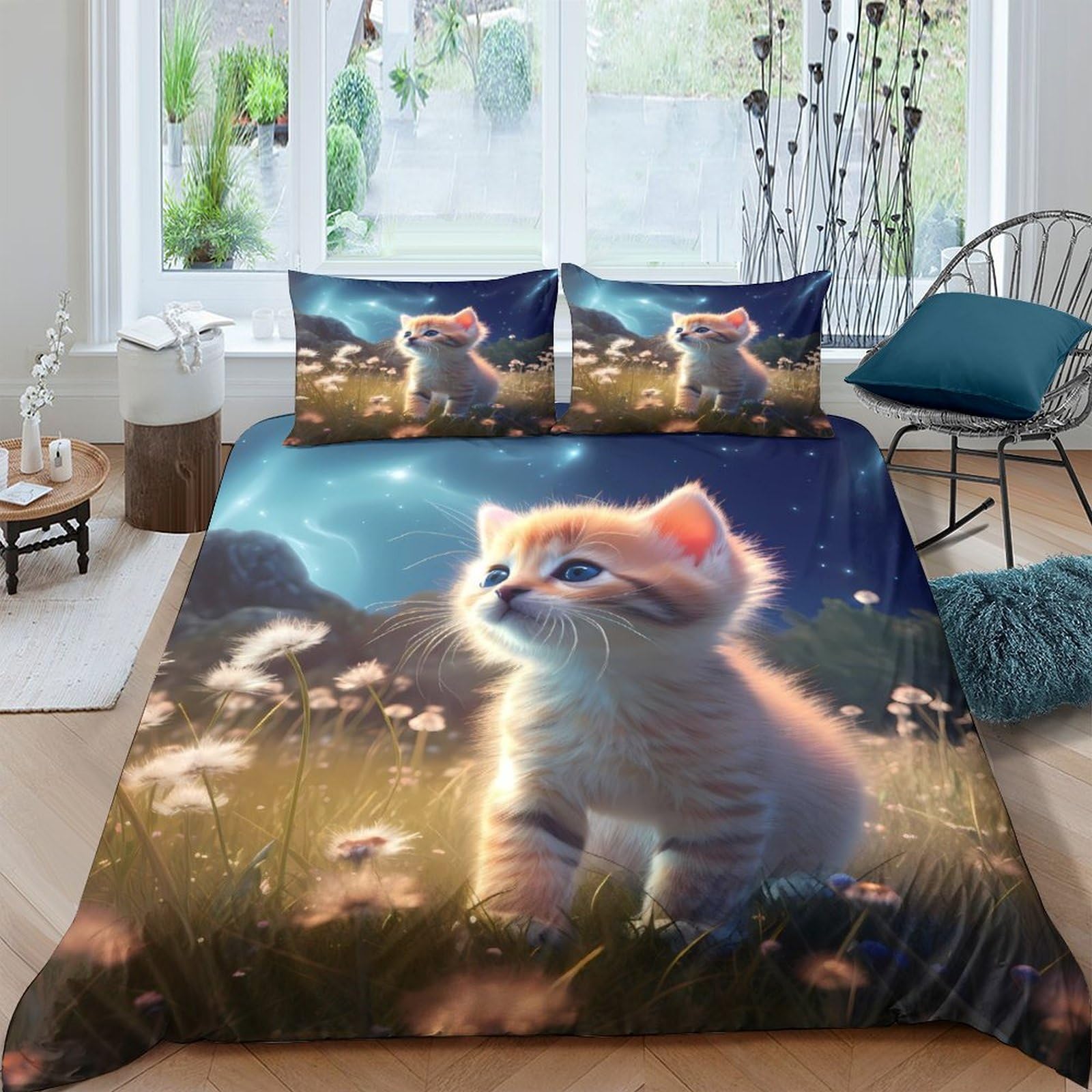 Ctjqhvkz Style-8 3D Printed Cute Kitten Fitted Sheet Microfiber Soft Cartoon Cat Meadow Bed Cover For Bedroom Dorm Mattress Protector Single（135X200cm）