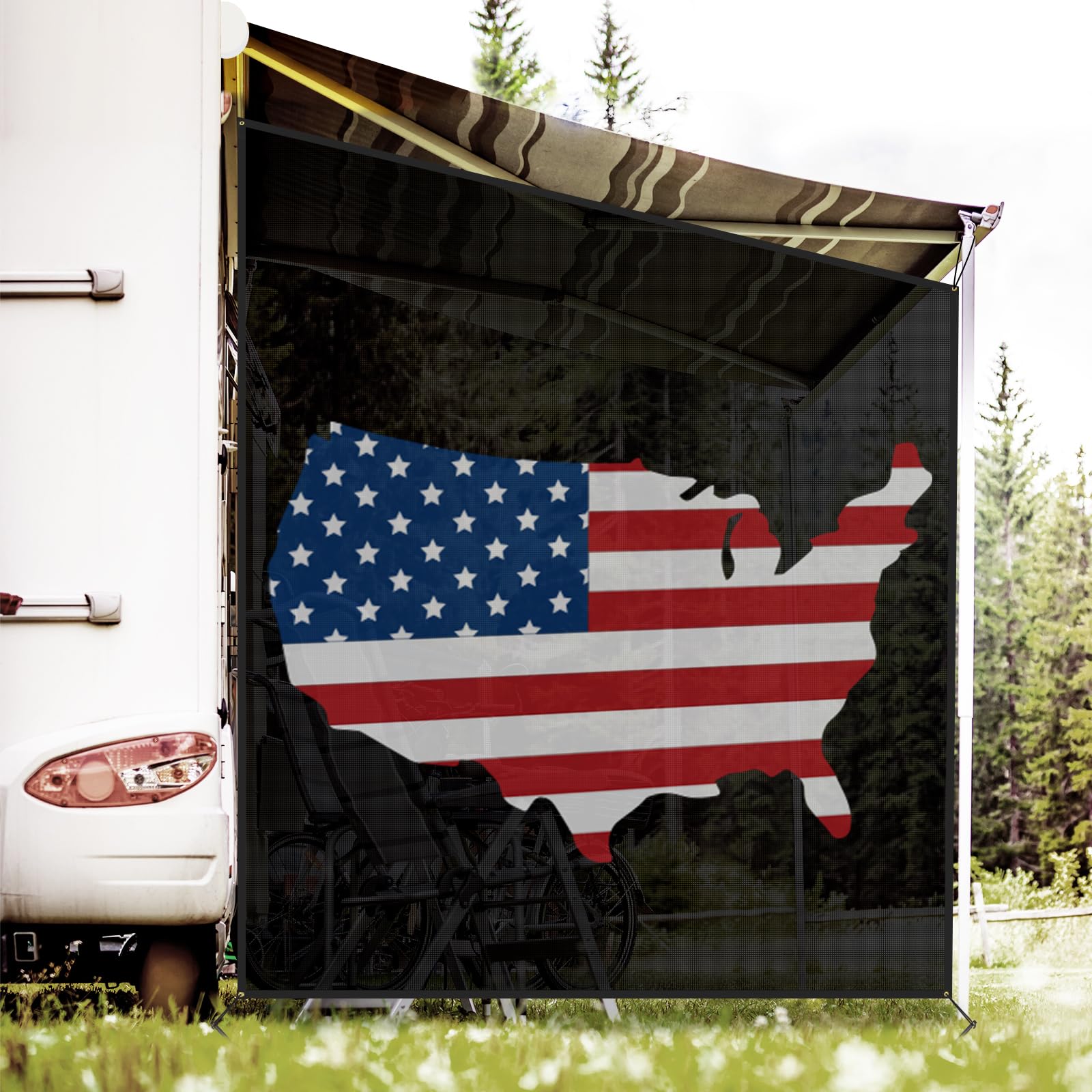 RVINGPRO RV Awning Side Shade Screen 9'x 7' Breathabe Black Mesh Sunshade for Camper Trailer Canopy, UV Sun Blocker Complete Kits (American Map)