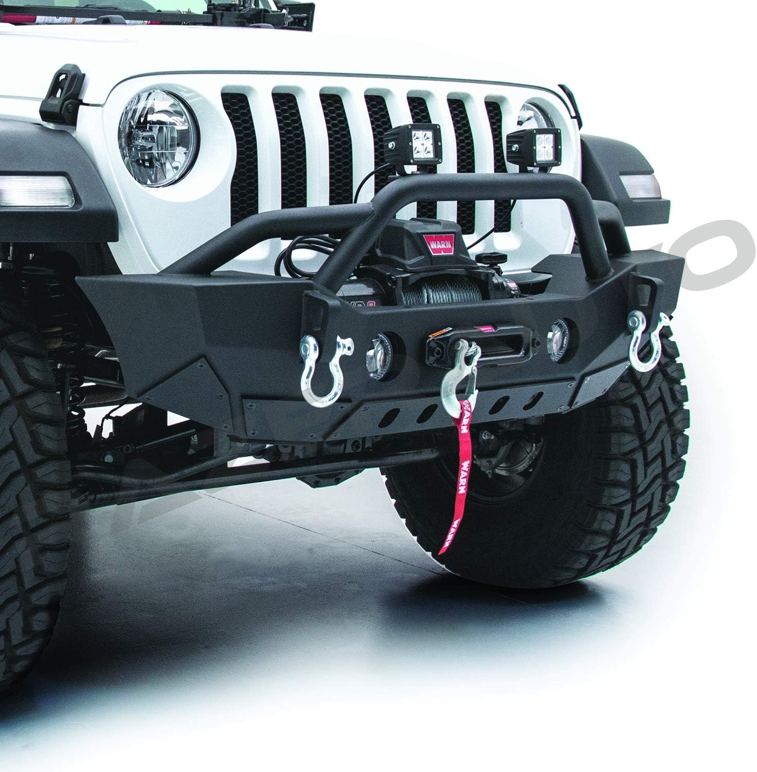 Black Stubby HD Rock Crawler Front Bumper w/Winch Plate & 2x D-Ring & Fog Light Hole for 18-19 Jeep Wrangler JL