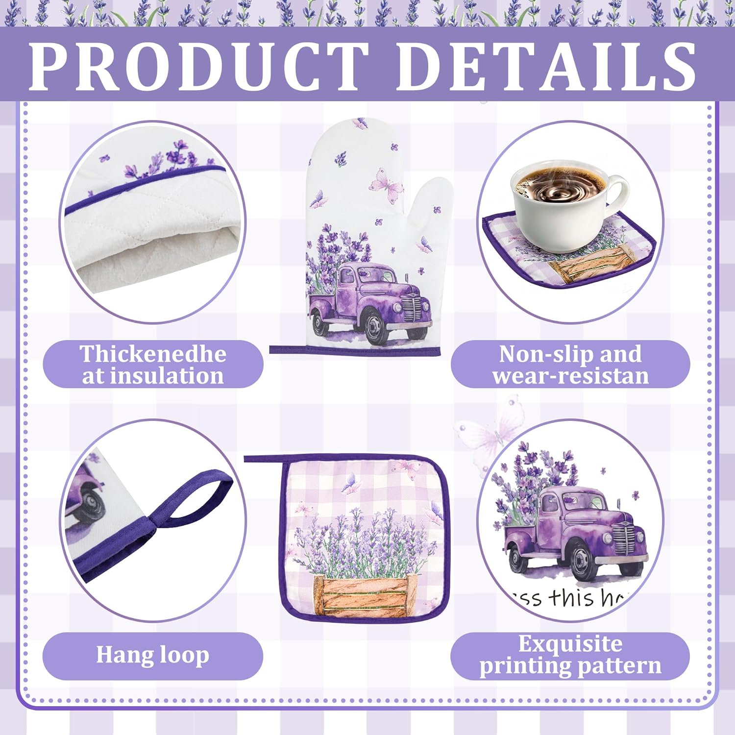 10 Pcs Farmhouse Lavender Kitchen Decor and Accessories Set 4 Kitchen Towels 2 Pot Holders 2 Oven Mitts 2 Rugs for Cooking Baking Mom Housewarming Gifts(Purple,Lavender) - Image 7