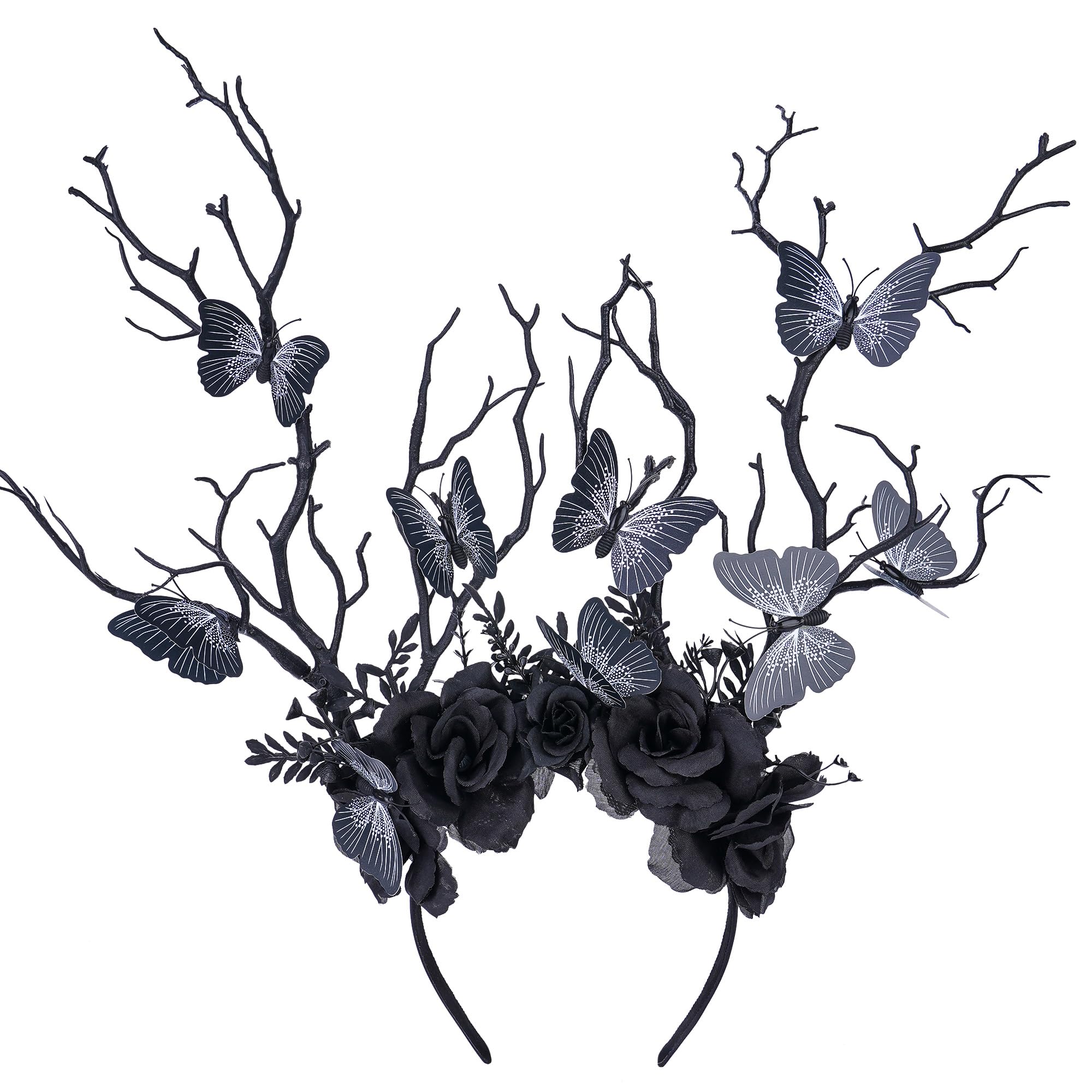 MOSTORY Black Butterfly Branch Headband - Handmade Dark Woodland Hairband Gothic Forest Tree Crown for Women Girls Cosplay Renaissance Mardi Gras