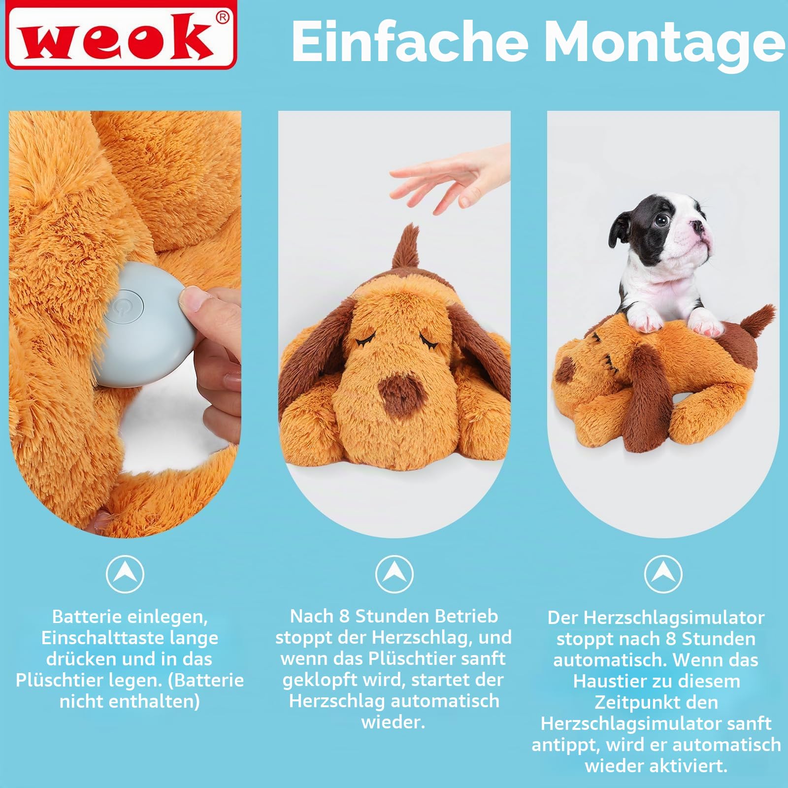 WEOK Herzschlag-Welpenspielzeug – Komfort-Kuschelkissen, zur Linderung von Angstzuständen, beruhigende Hilfe, Herzschlag-Spielzeug für Hunde, Welpenherzschlag-Spielzeug, Schlafhilfe