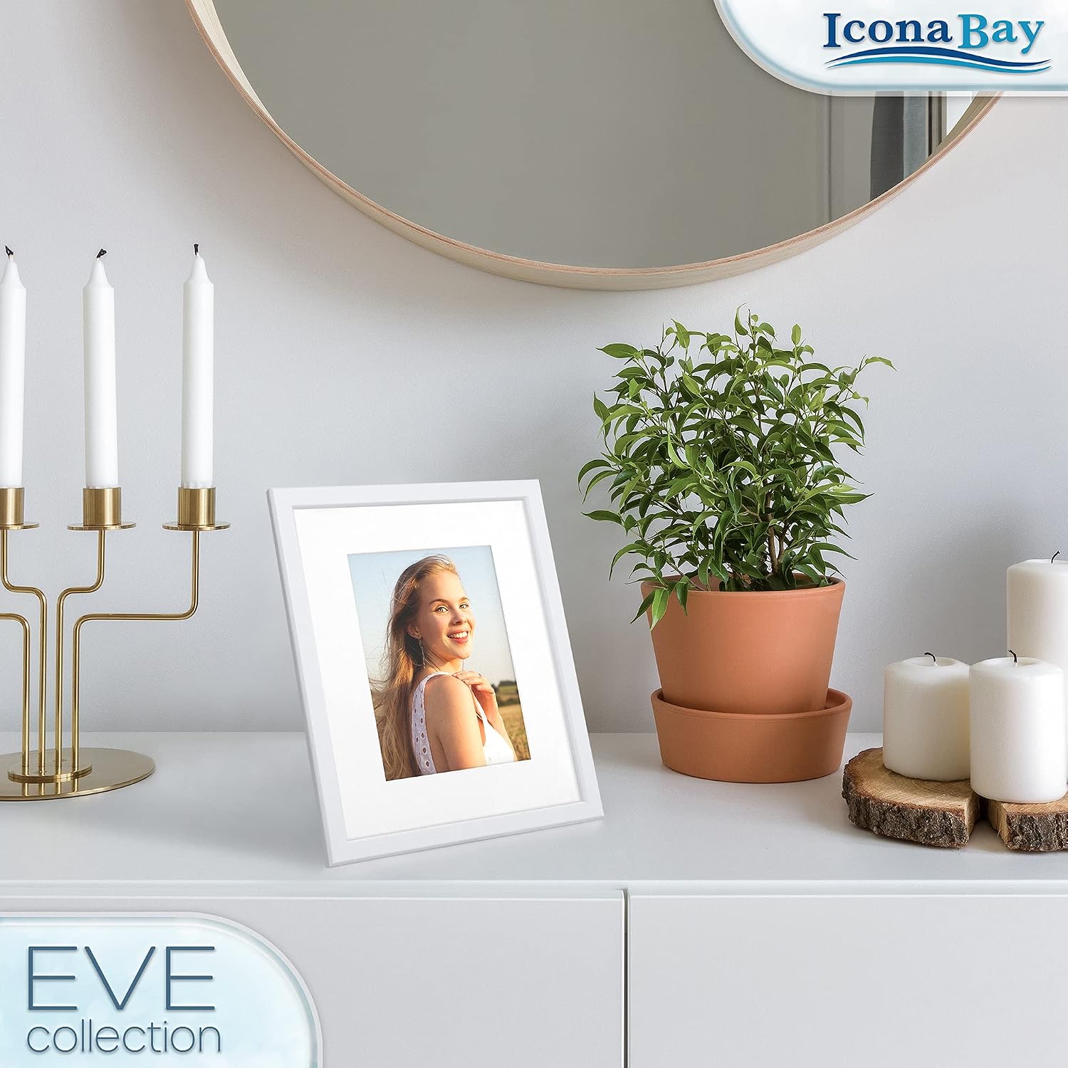 Icona Bay 8x10 Picture Frames w/Removable Mat to 5x7 (White, 3 Pack), Modern Double-Beveled Frame, Tabletop or Wall Mount, Eve Collection