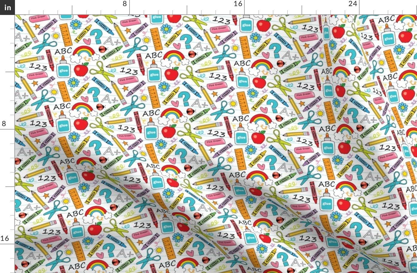 Spoonflower Fabric - Small School Supplies White Teacher Pencil Rainbow Student ABCs Printed on Organic Cotton Sateen Fabric by The Yard - Sewing Quilting Apparel Home Decor