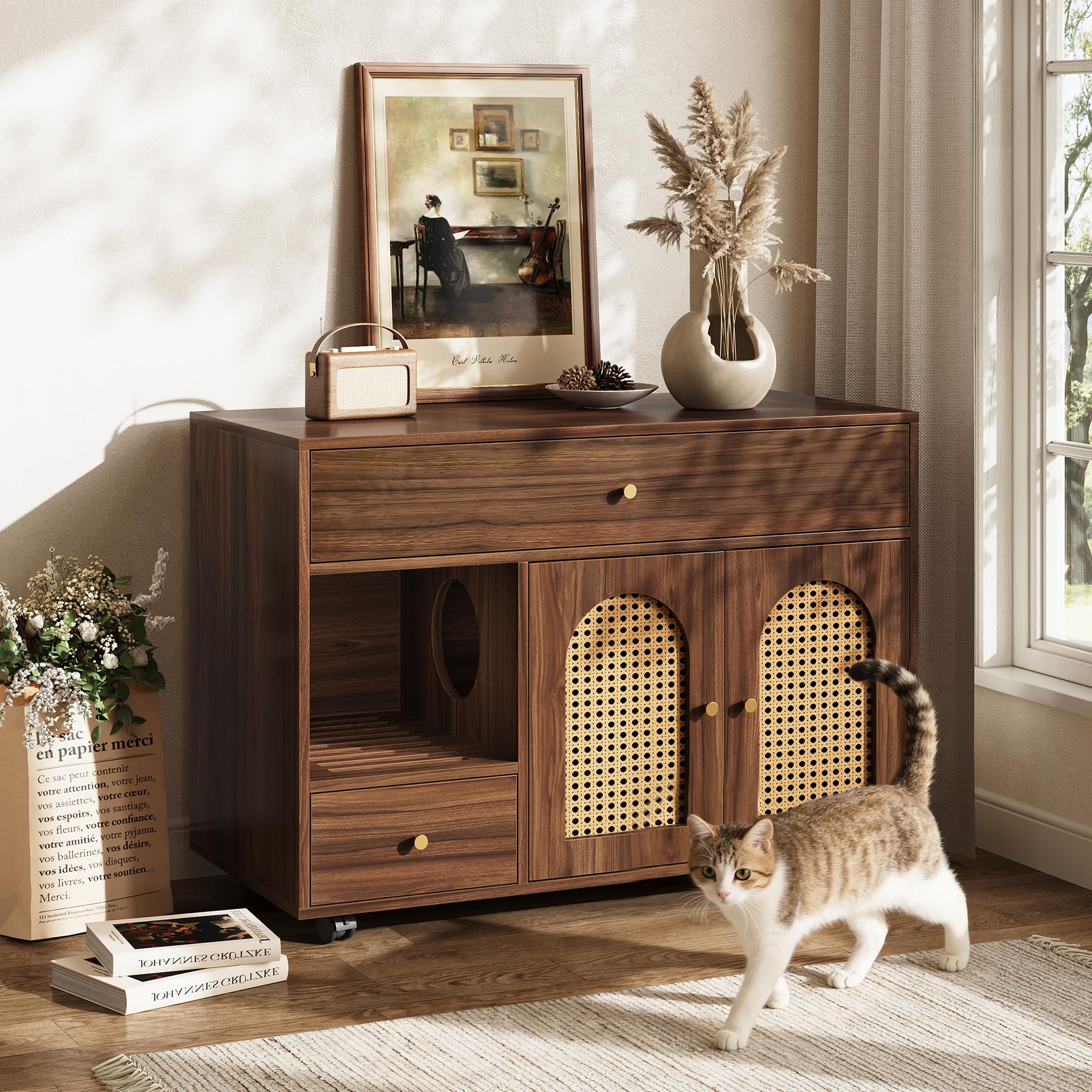 LITTLE TREE Wooden Cat Litter Box Enclosure with Wicker Doors, Hidden Litter Box Cabinet Furniture, Multi-Functional Storage Cabinet for Home Decor, Indoor Cats House for Privacy & Odor Control