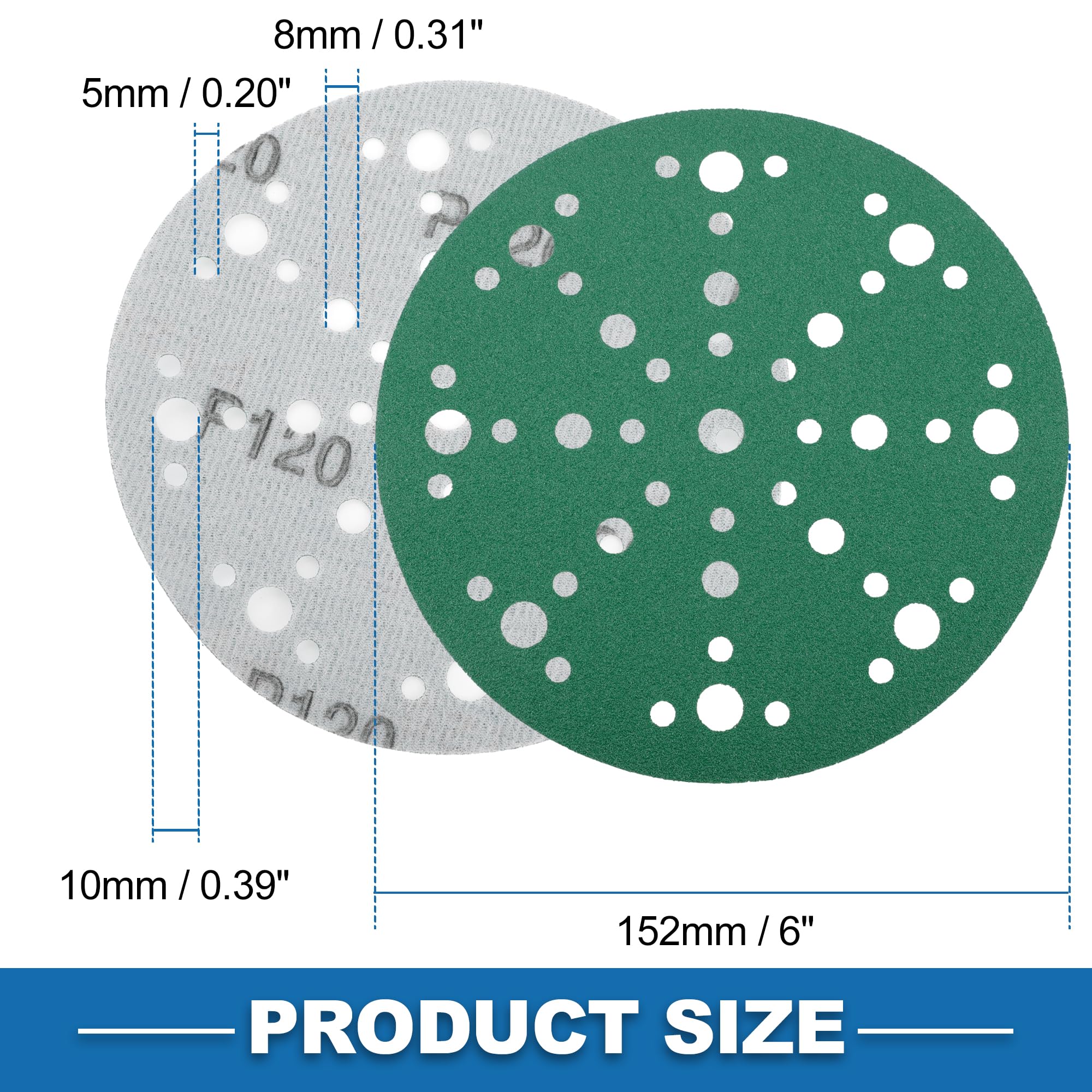 A ABSOPRO Sanding Discs 6 Inch 49 Hole 120 Grit Round Hook and Loop Sandpaper Aluminum Oxide Green 50pcs, 6" - Image 4