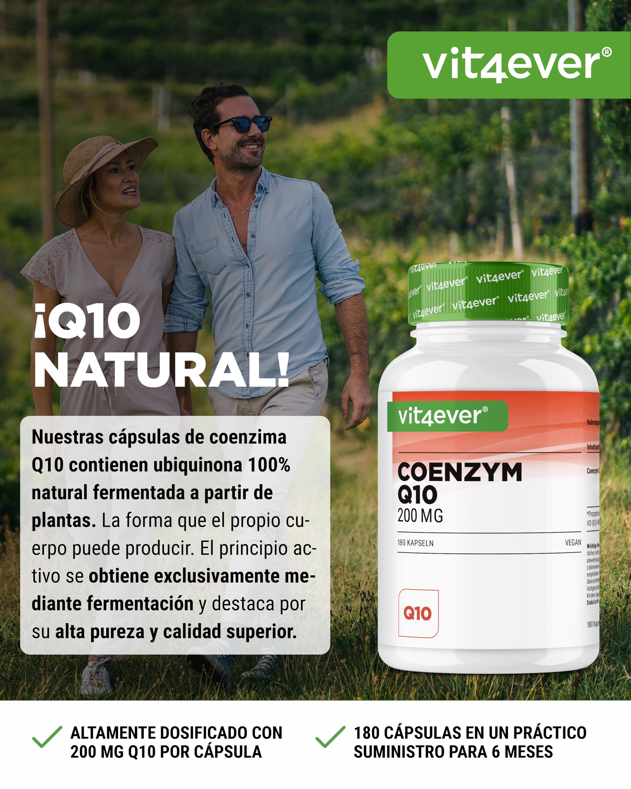 Coenzima Q10 con 200 mg por cápsula - 180 cápsulas veganas - 6 meses de suministro - Premium high dose Q10 - alta dosis, sin aditivos innecesarios
