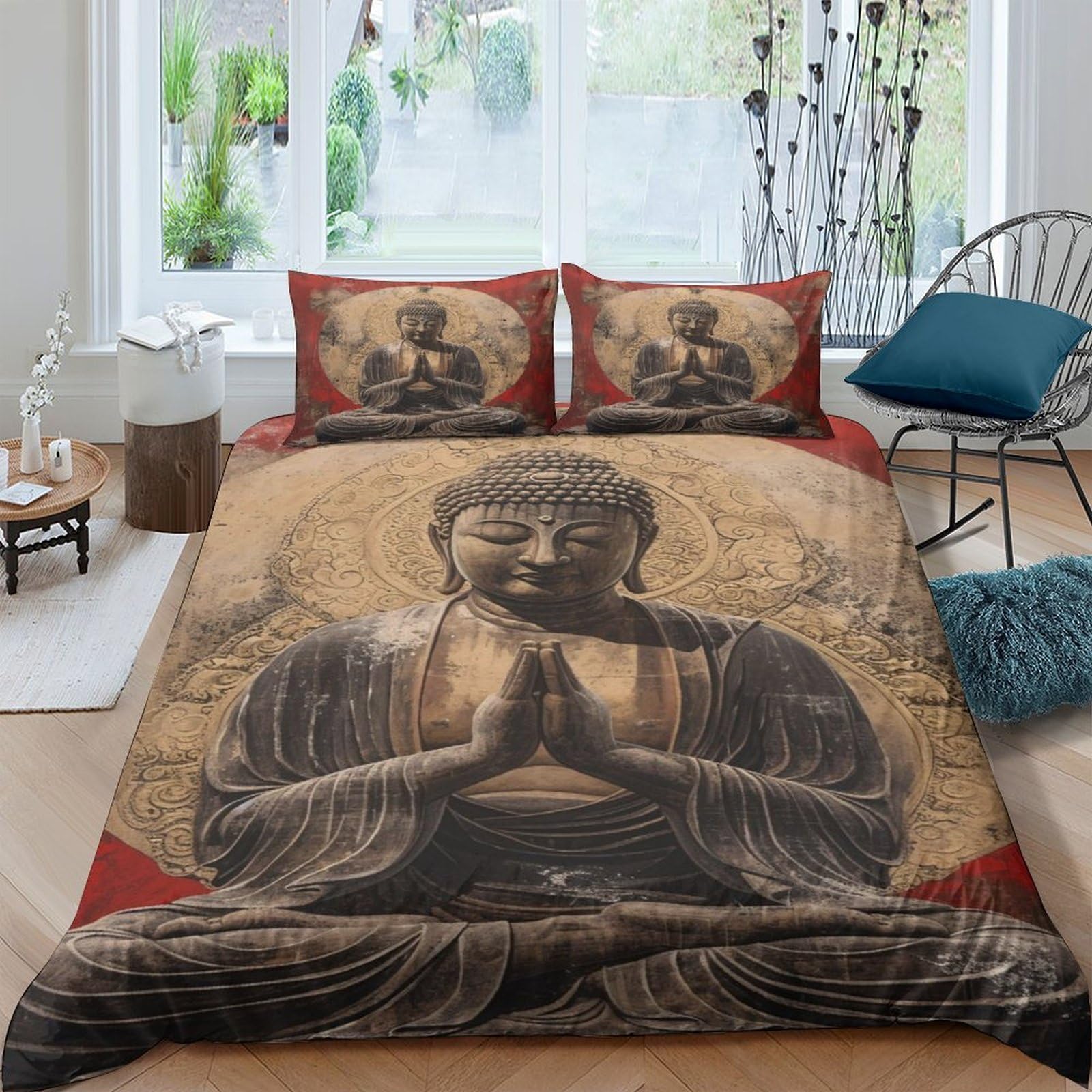 TUFRTGYHN 3D Printed Buddha Meditation Duvet Cover Microfiber Soft Breathable Zen Temple Bedding Set with 2 Pillowcases for Bedroom Decor Single（135x200cm）