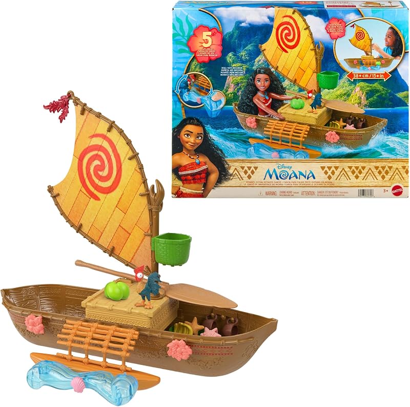 Mattel Disney Moana Ocean Voyager Canoe Floating Boat Playset | 5 Play Areas, 9 Accessories, Heihei Animal Figure & Seesaw, Inspired by Disney Movie