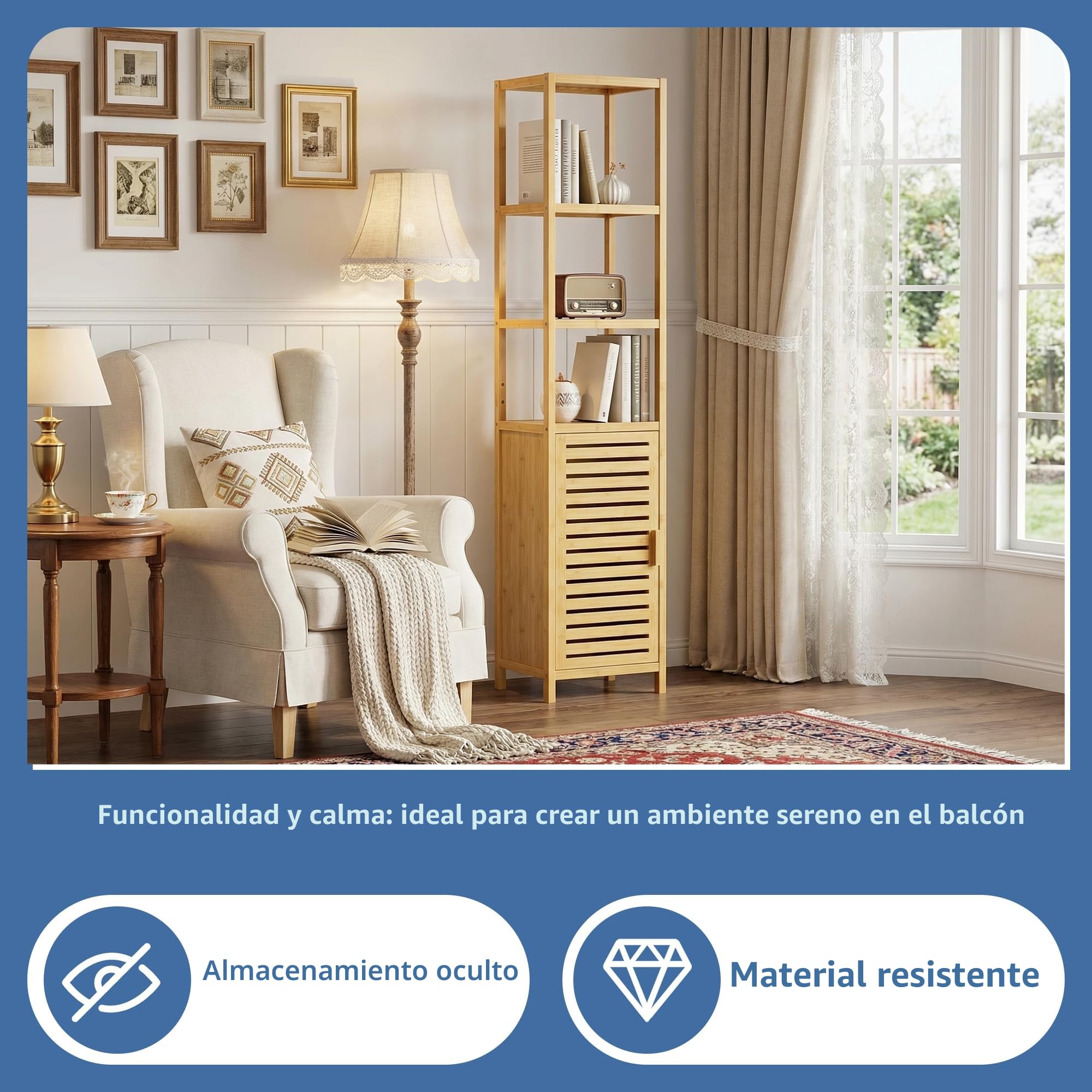 HITNET Mueble Columna Baño Estrecho, Armario Alto Baño Bambu, Gabinete de Almacenamiento con Estantes Ajustables y Compartimentos Abiertos, para Espacios Pequeños, Natural